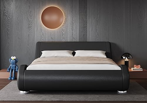 Miniatura 3 de Allewie - Base de cama de tamaño Queen con cabecera ergonómica y ajustable, diseño de plataforma tapizada moderna de perfil bajo tipo trineo -