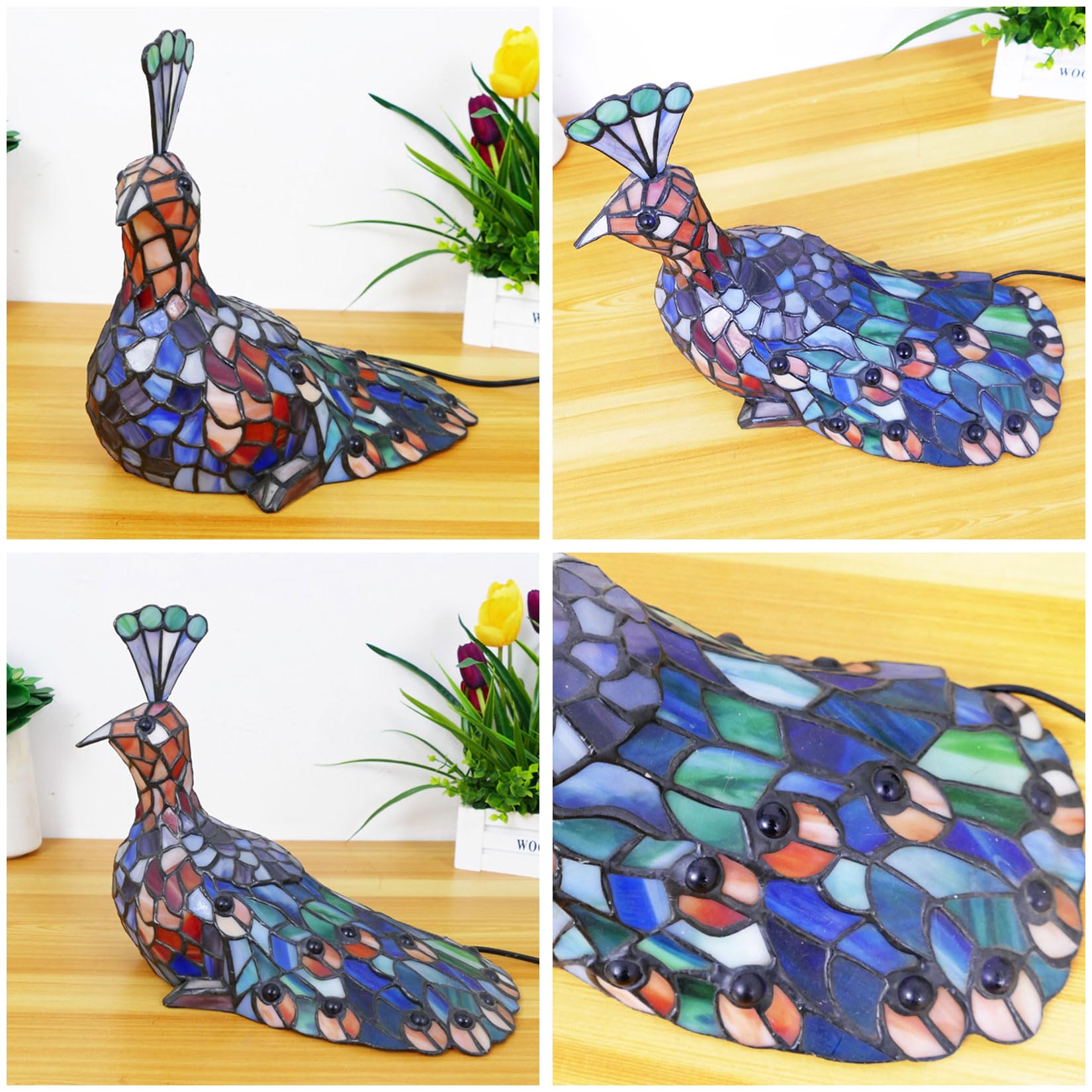 Lámpara de Mesa Retro de Vidrio Teñido Azul con Pavo Real Luz Nocturna de 11"de Altura Estilo Tiffany para Dormitorio Mesita de Noche Comedor Habitación Infantil Oficina Decoración del Hogar