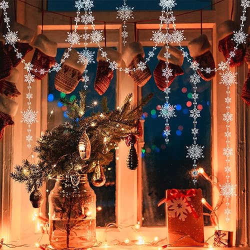 Miniatura 7 de Lewtemi Guirnalda de copos de nieve de acrílico de Navidad de 32.8 pies, adorno de copo de nieve para colgar en copos de nieve de Navidad,