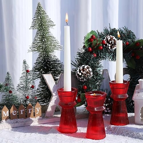 VOHO Candelabros rojos para decoraciones de Navidad, juego de 3 portavelas de vidrio acanalado versátil para velas cónicas y velas de té, románticos
