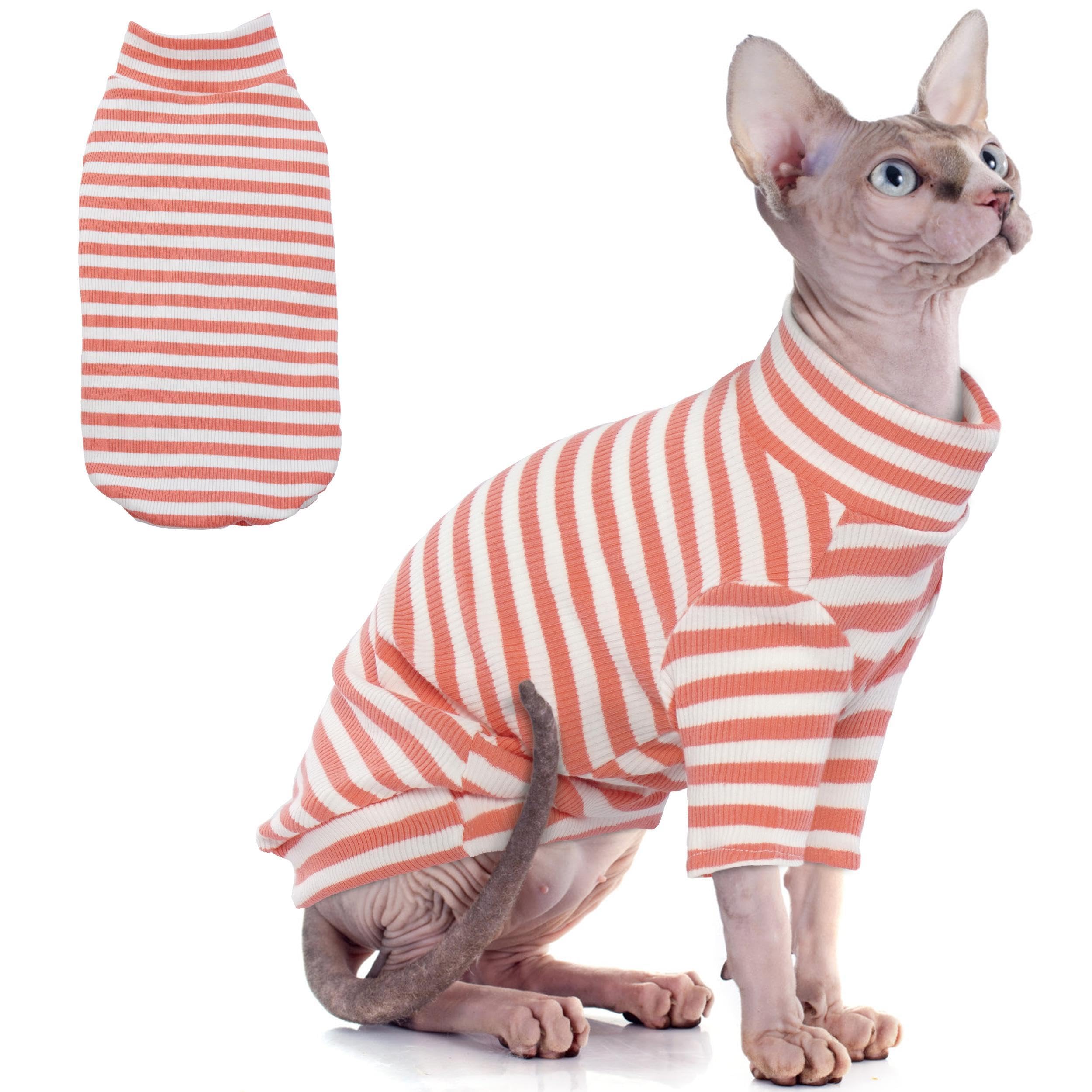 PUMYPOREITY Sphynx Cat Clothes - Soft Hairless Shirt With Sleeves, Stretchy Sweater, Pullover Pajamas Jumpsuit, Turtleneck Outfit for Sphynx Cornish Rex, Devon Rex - Orange, XL