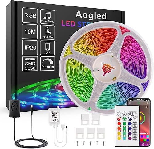 Aogled Tira de luces LED regulables de 328 pies tira de sincronización de música RGB con aplicación y control remoto de 24 teclas luces LED que
