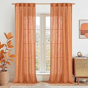 LAMIT Burnt Orange Linen Curtains for Living Room, 84 inch Length Light Filtering Semi Sheer Drapes Back Tab and Rod Pocket Farmhouse Panels for Bedroom, 2 Panels, 34 x 84 Inch