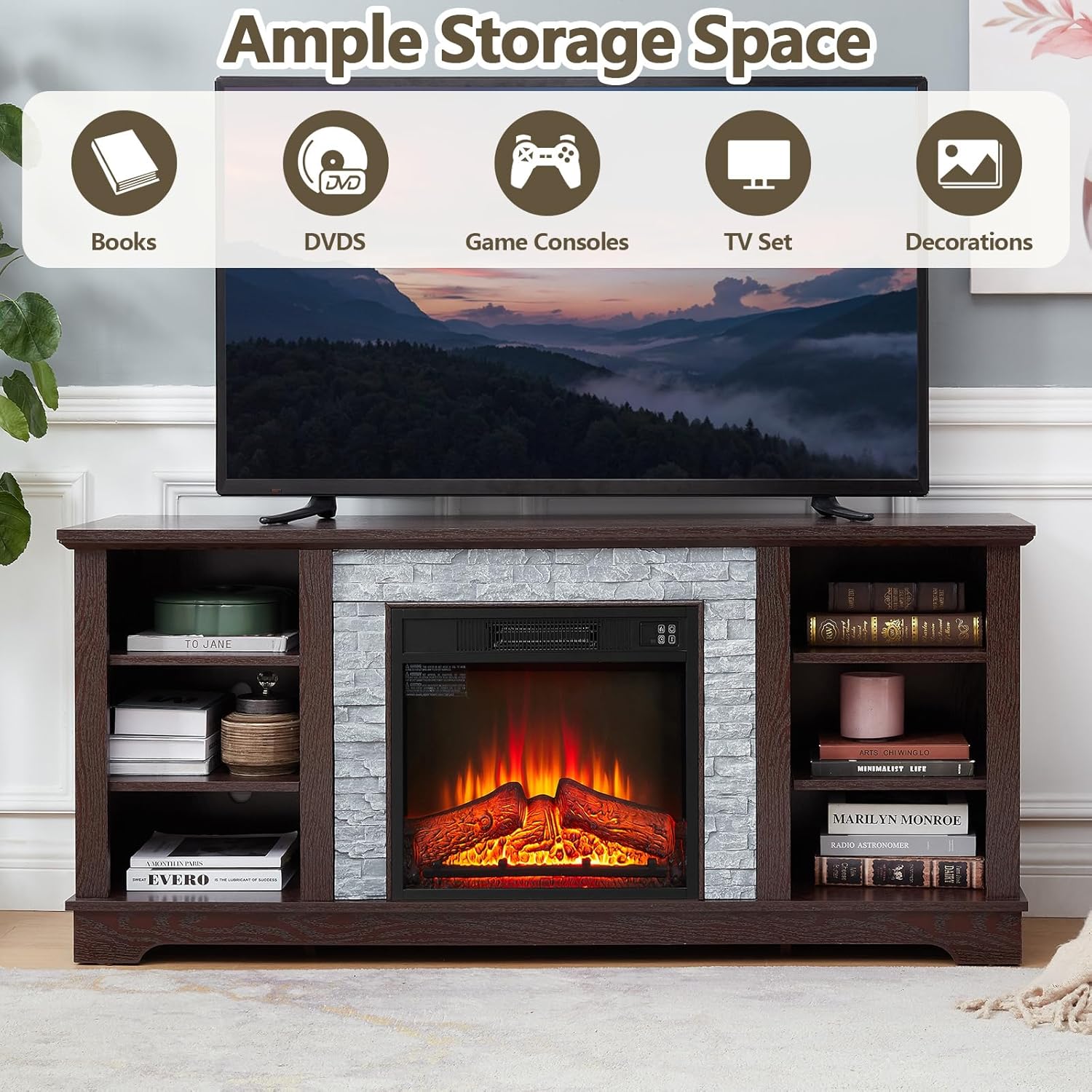 Majnesvon Modern 75" Fireplace TV Stand Artificial Culture Stone TV Stand with 23" Electric Fireplace Locker and Adjustable 6 Shelves for Living Room Bedroom (Cherry,70" W *15.3" D*H)