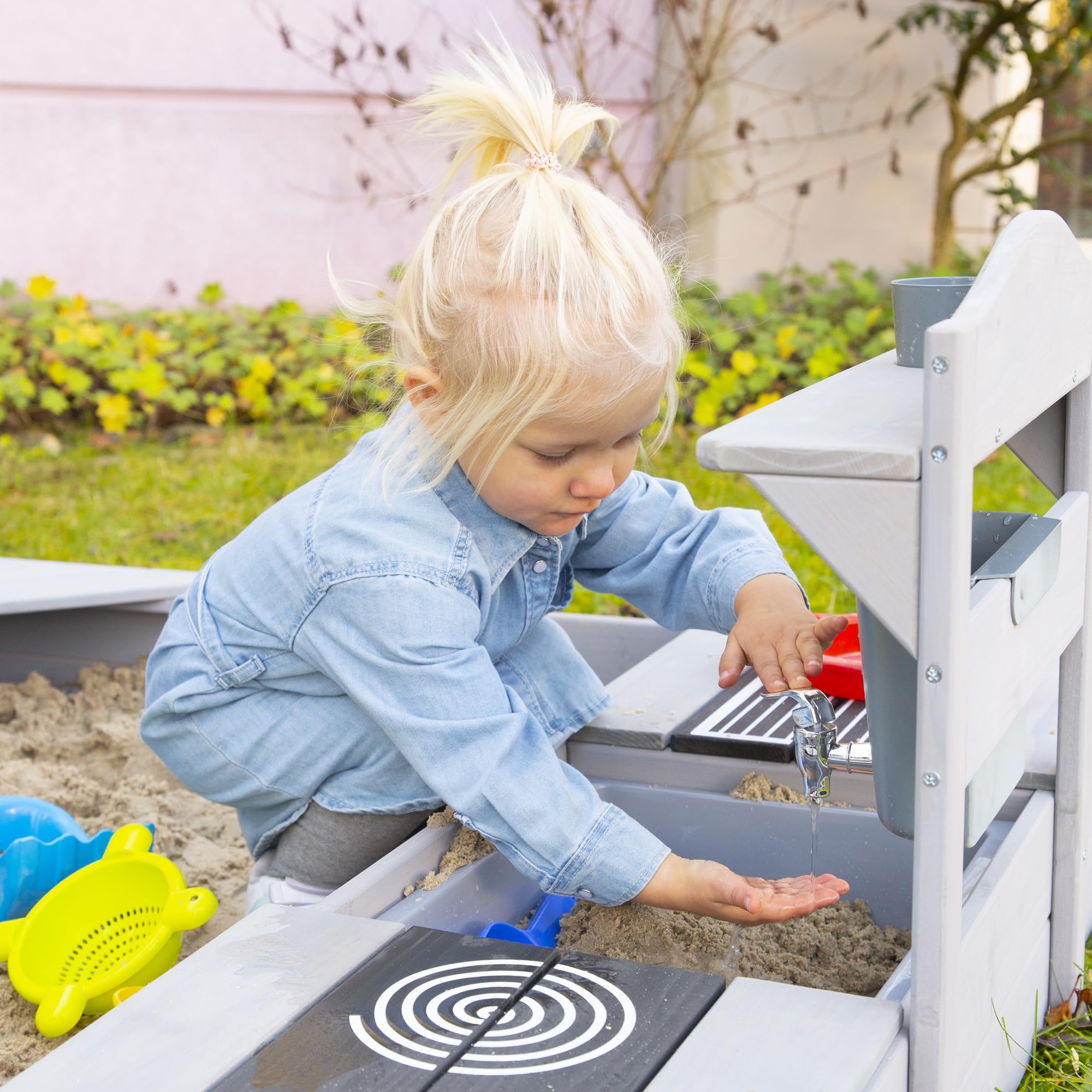 roba Cocina para Niños con Diseño de Casa - Cocinita de Juego Funcional para Exteriores con Accesorios - Madera Maciza Certificada FSC - Gris Esmaltado