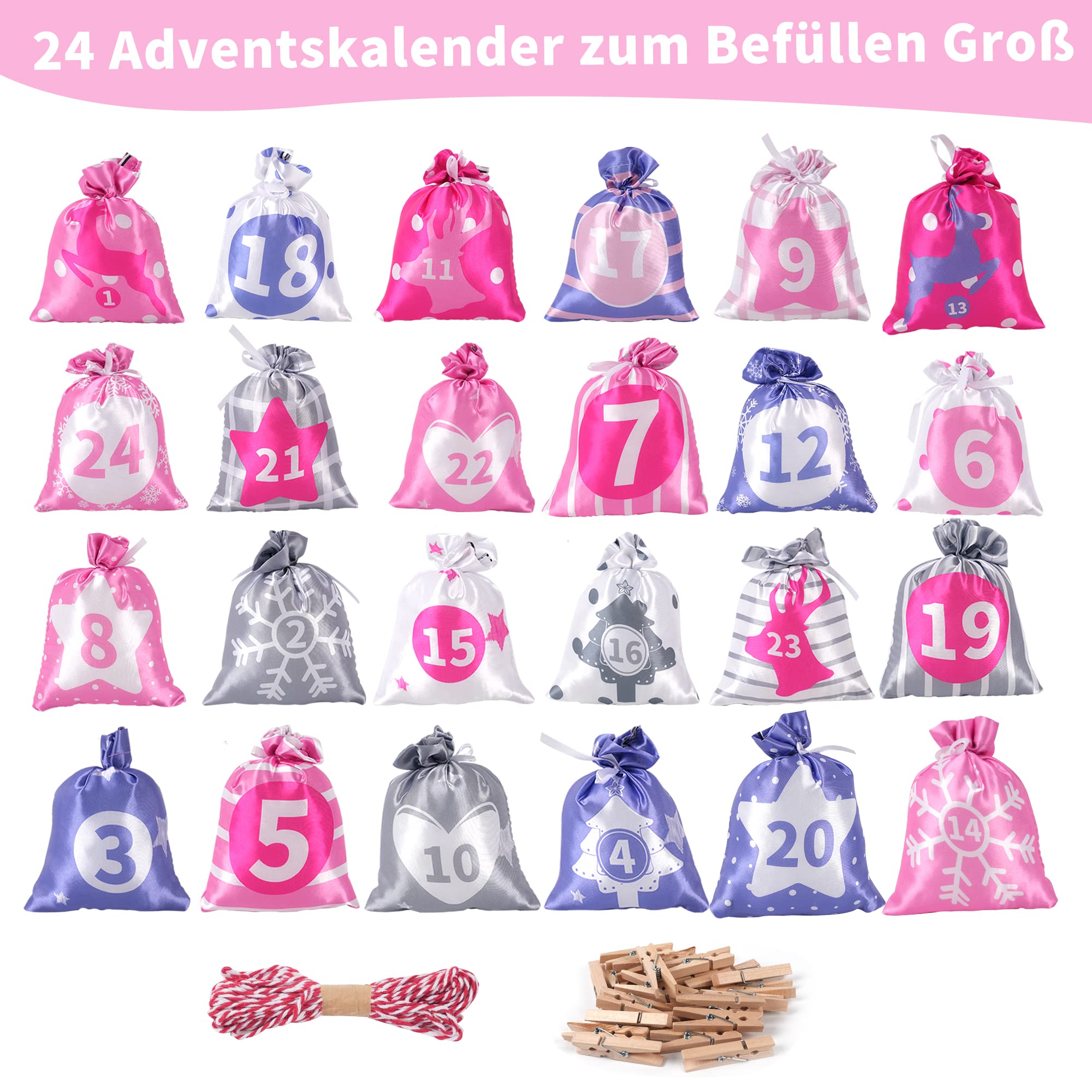 Adventskalender Stoffsäckchen 24-teilig - Rosa Gra Produktbild-Vorschau 3