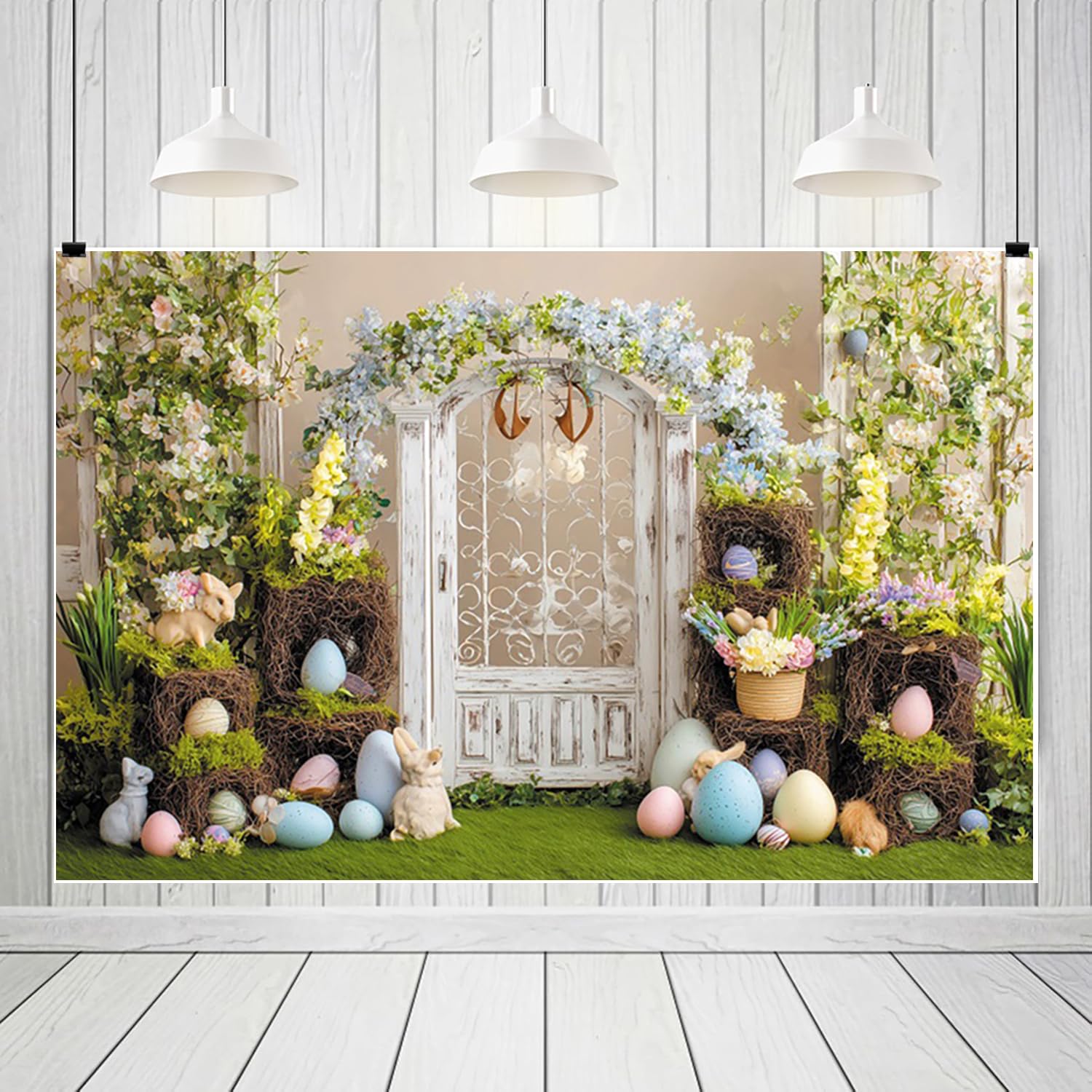 6 x 3 m tło drzwi wielkanocnych w stylu vintage, pastelowy łuk kwiatowy, białe drzwi, tło fotograficzne, wystawy gniazda i rekwizyty zajączków, rustykalne studio fotograficzne, rekwizyty
