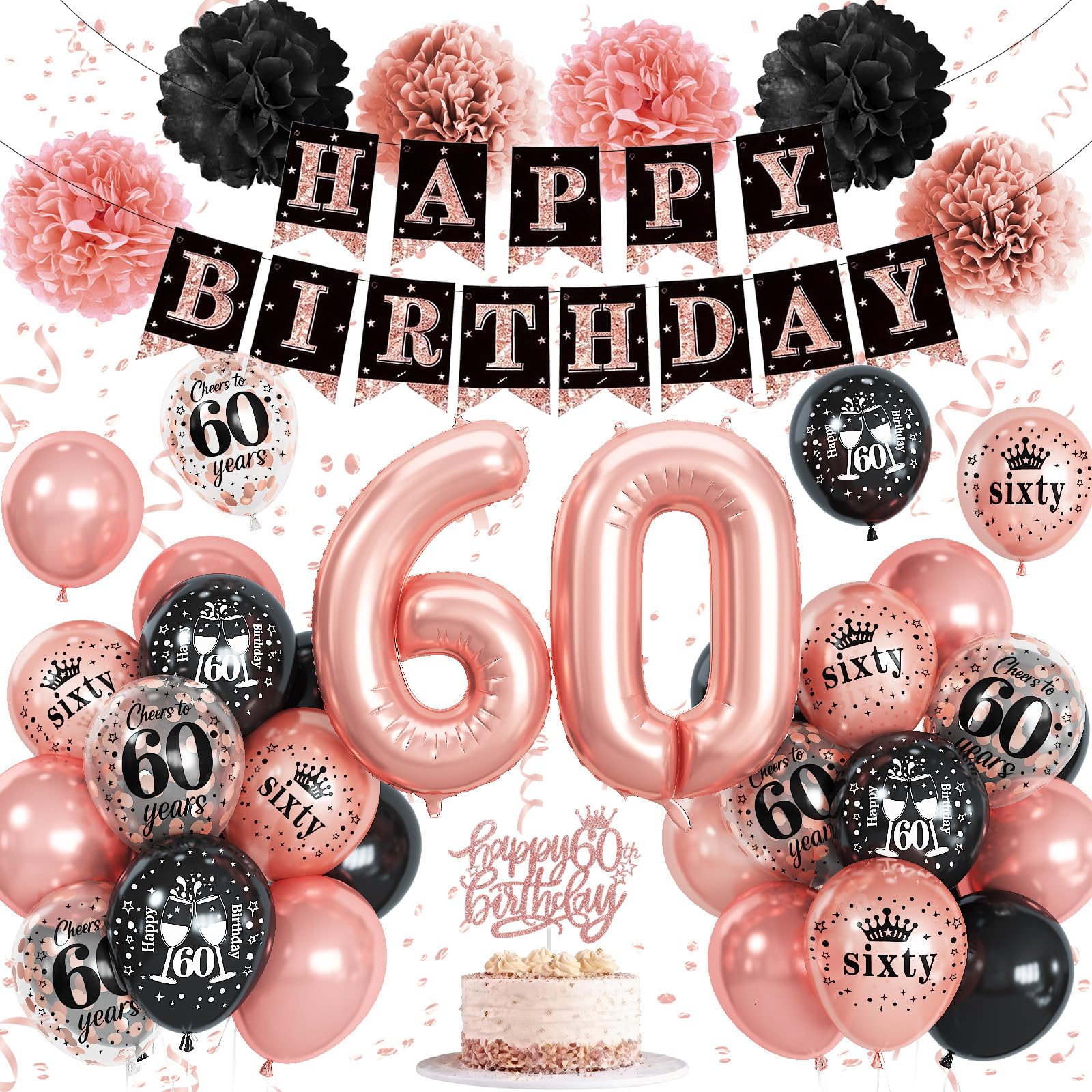 60th Birthday Decorations for Women, Rose Gold Black Confetti Latex Balloons Number 60 Foil Balloon Happy 60th Birthday Banner Cake Topper Paper Pom Poms for Her 60 Year Old Bday Party Decoration