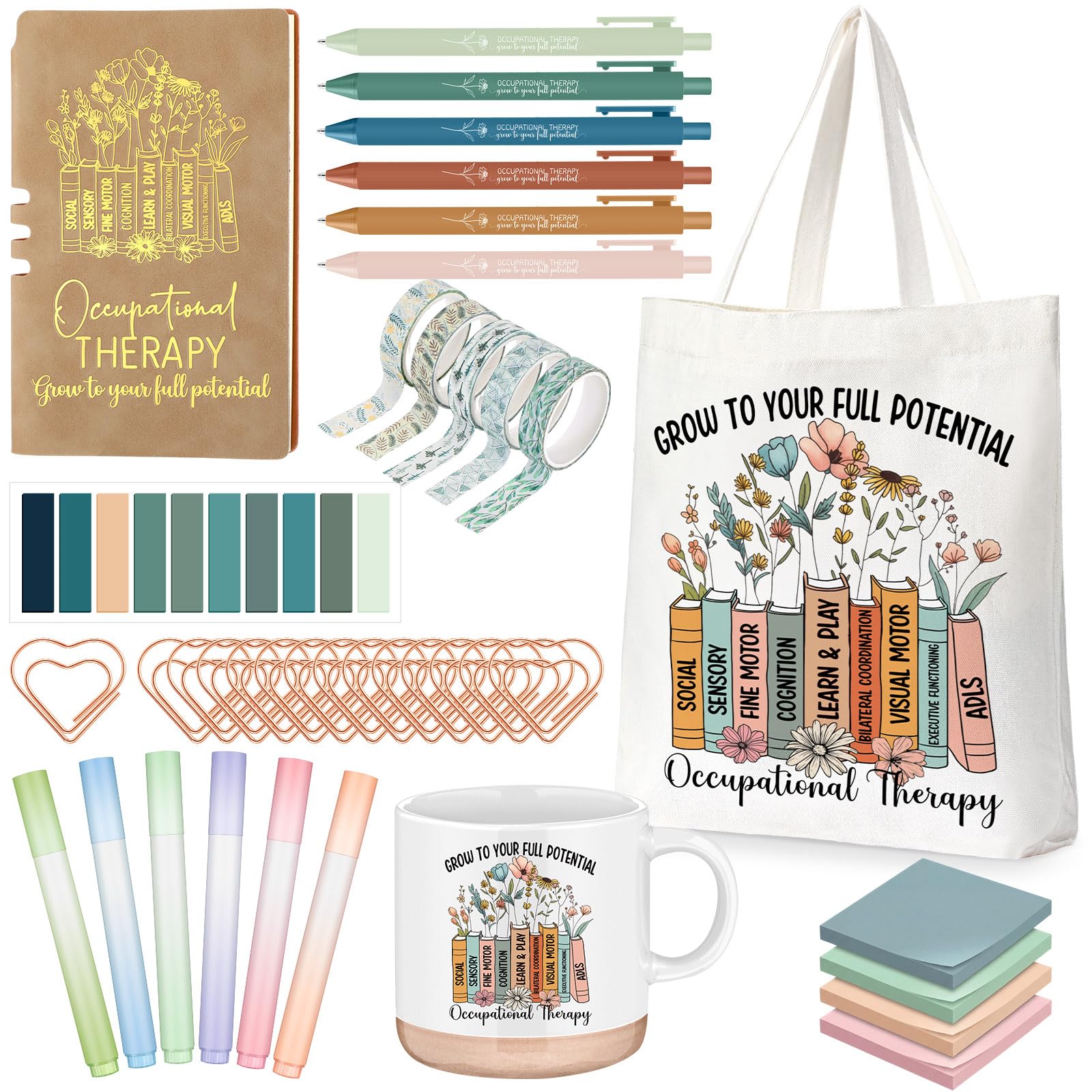 Yungyan 35 Pcs Occupational Therapy Appreciation Gifts Office Set Included 13 oz Ceramic Mug Tote Bag Leather Notebook Pen Sticky Note Highlighter Paper Clip Occupational Therapy Thank You Gift