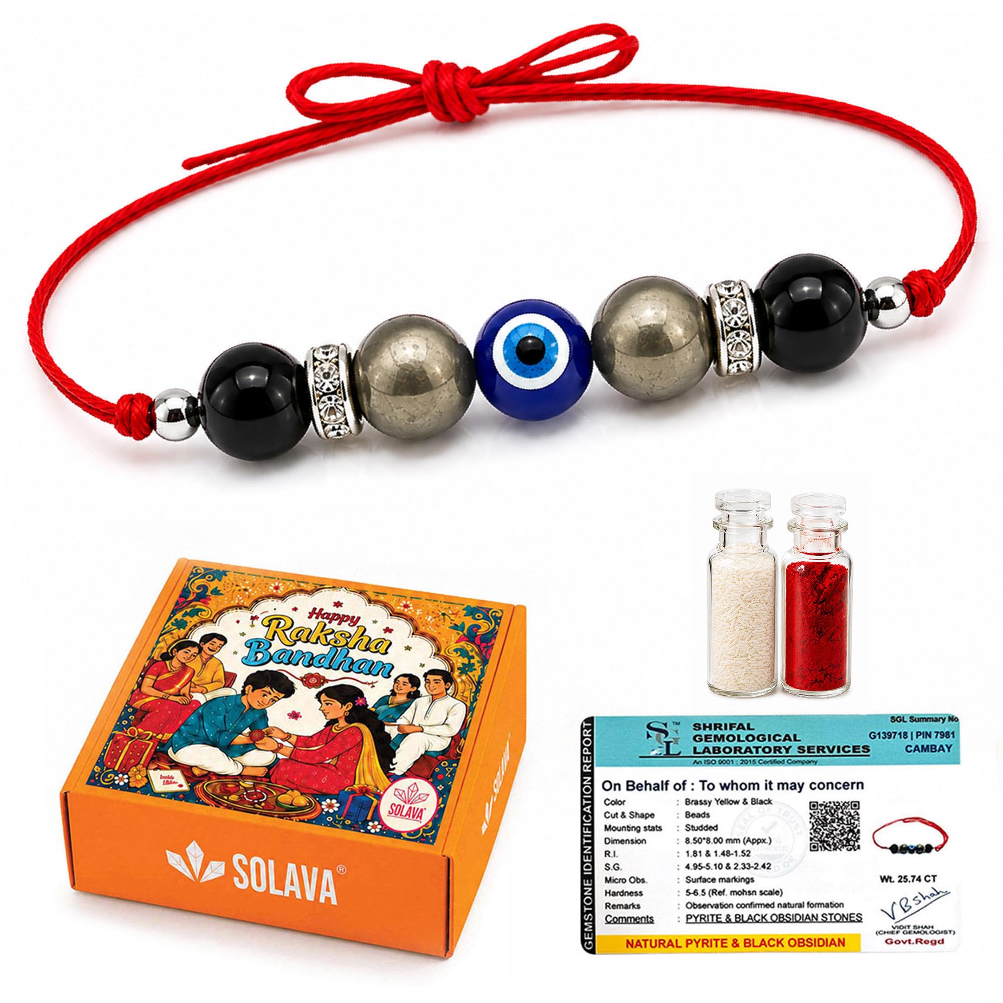 Siddh Raj Yog Rakhi for Brother Combo | Natural Pyrite, Evil Eye & Black Obsidian Crystals | Govt Lab Certified | Premium Rakhi Gift for Brother with Roli-Chawa l Symbol of Prosperity & Protection-image-47