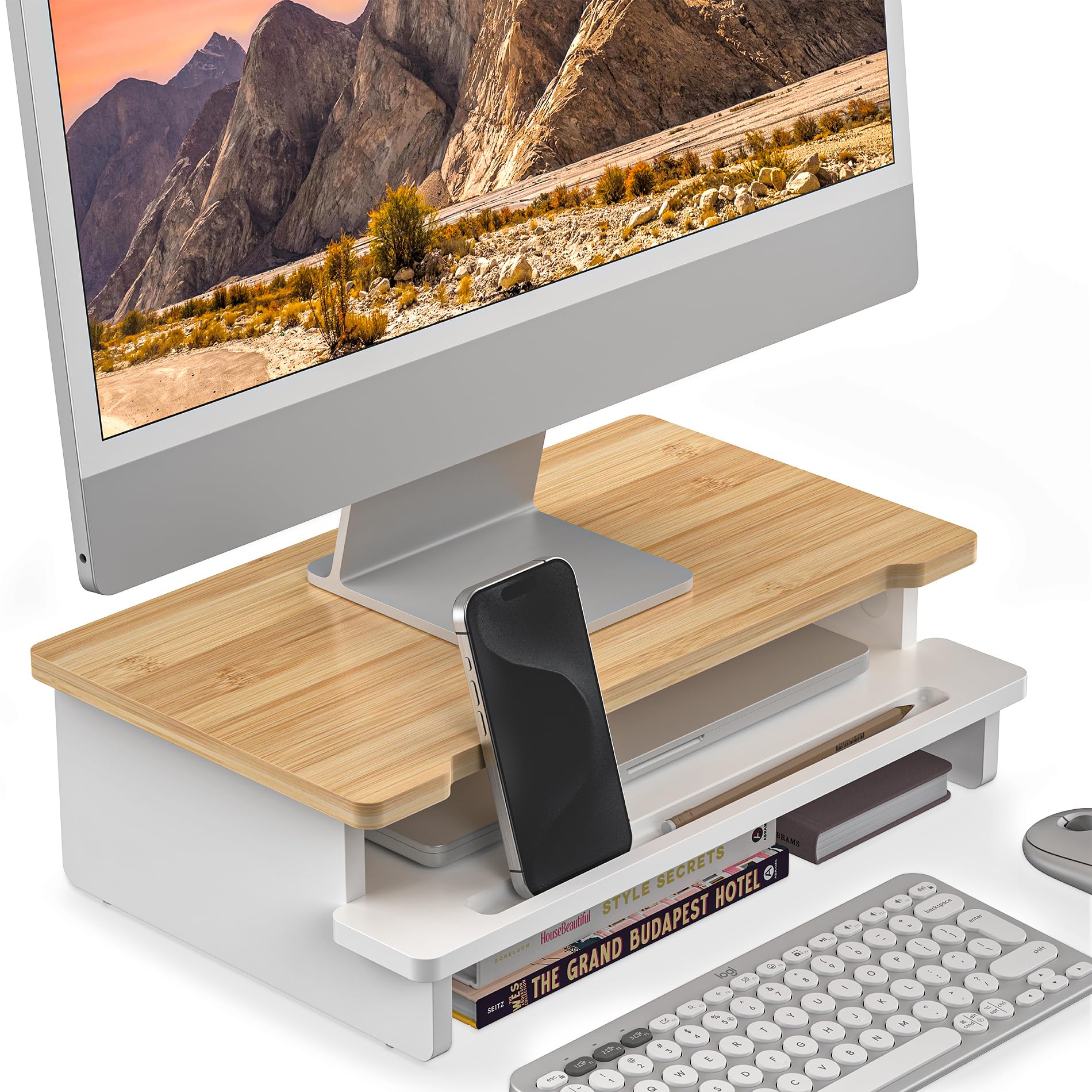 Photo 1 of WELL WENG Computer Monitor Stand Riser, 16.5 Inch Wood Desk Shelf Storage Organizer with Phone Tablet Holder, White & Natural Bamboo