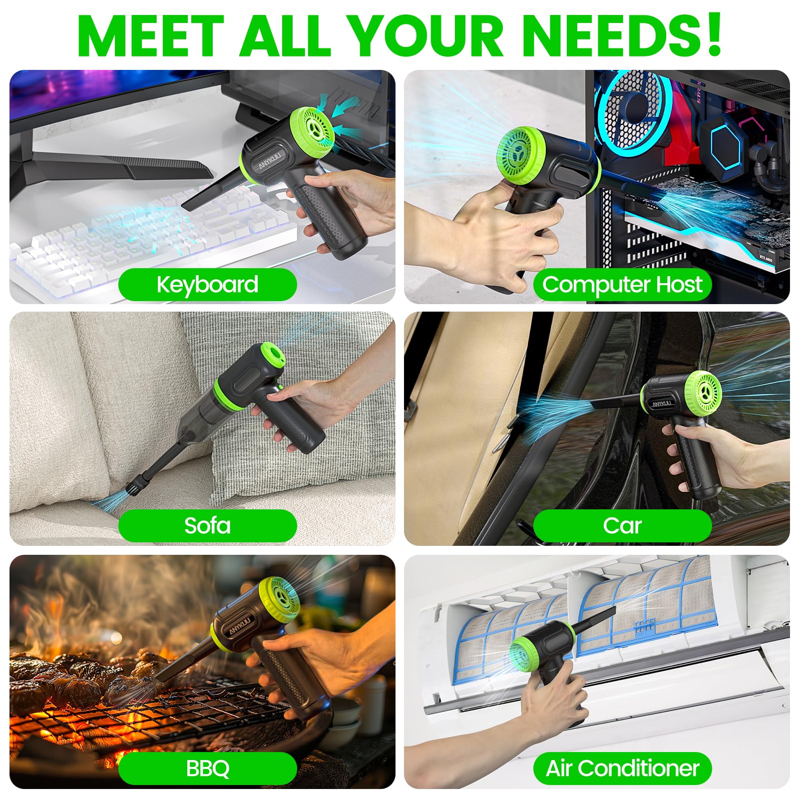 Anykuu Elektrische Staubgebläse 2-in-1 Blasen & Saugen 91000RPM & 12KPA PC Staubgebläse Tiefenreinigung USB Schnellladung mit 7600mah Akku Air Duster für Bürogeräte Auto Sofa Schwimmring BBQ | Blasen und Saugen, 7600mAh Akku, USB-Schnellladung, für PC, Bü