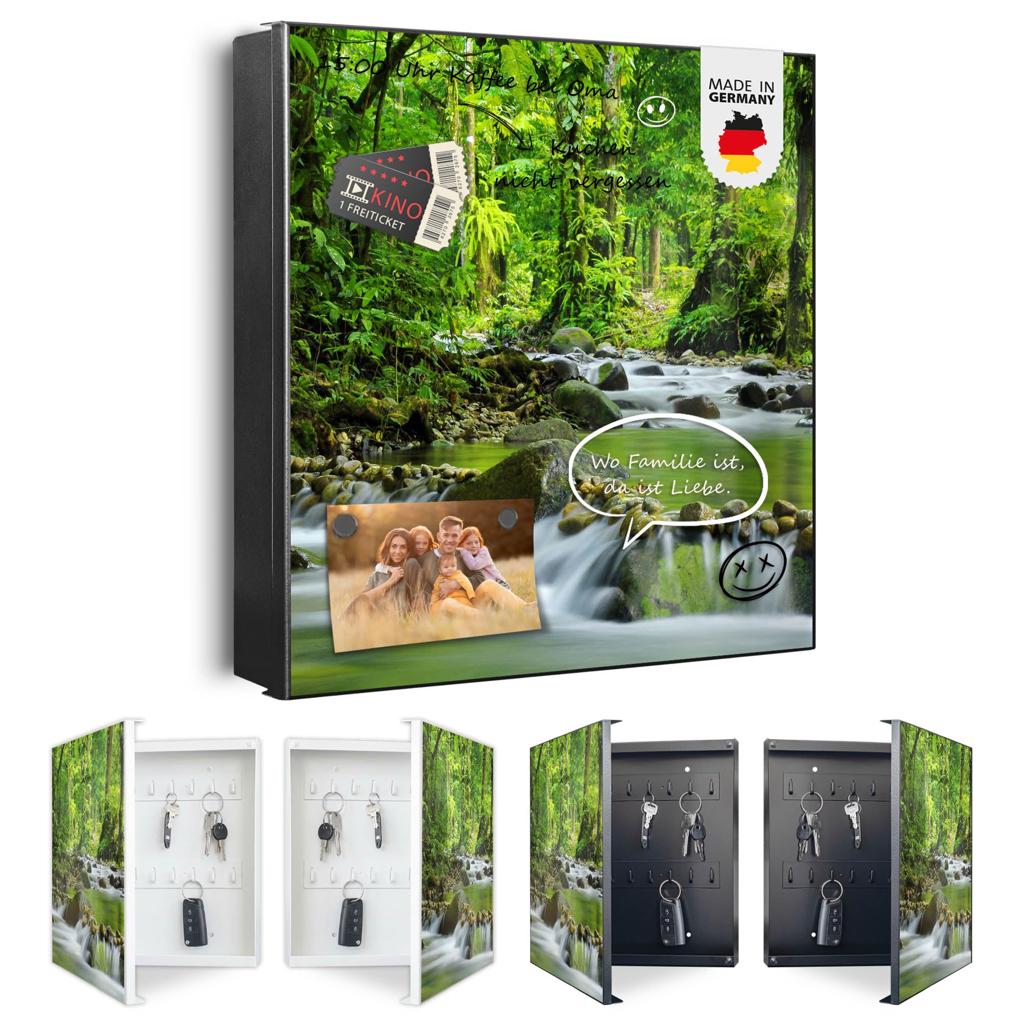 banjado Großer Schlüsselkasten Metall - Schlüsselbox 30x30cm beschreibbarer mit 32 Haken - Schlüsselkasten modern für Schlüsselaufbewahrung - Korpus Schwarz Scharnier Links - Motiv Rauschender Bach