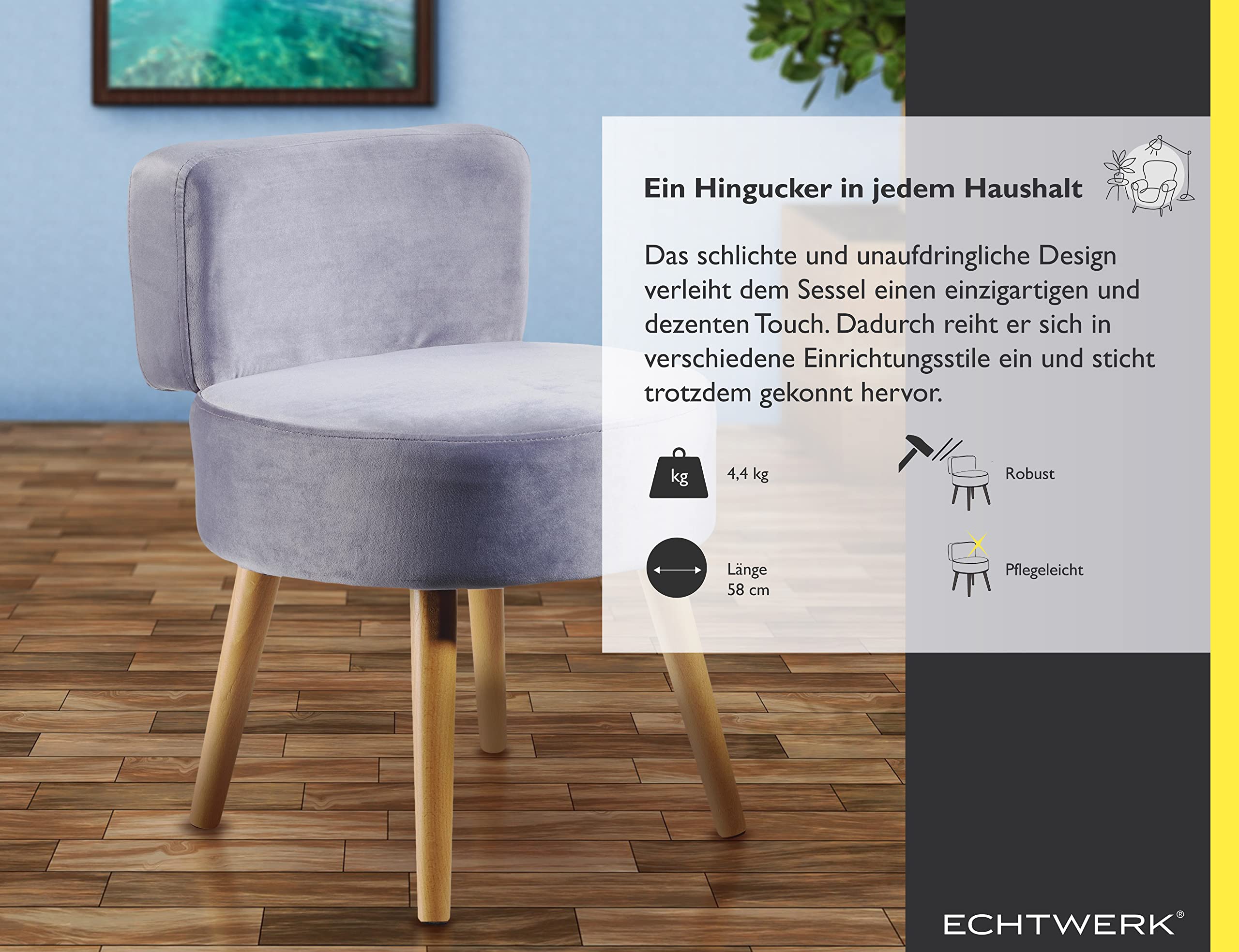 ECHTWERK Sessel "Milo", Polstersessel, Skandinavischer Sessel, bequemer Mini-Stuhl, hohe Rückenlehne, weiche Schaumstoffpolsterung, für Wohnzimmer & Leseecke, Holzfüße, 44 x 58 cm, 4 kg, Grau