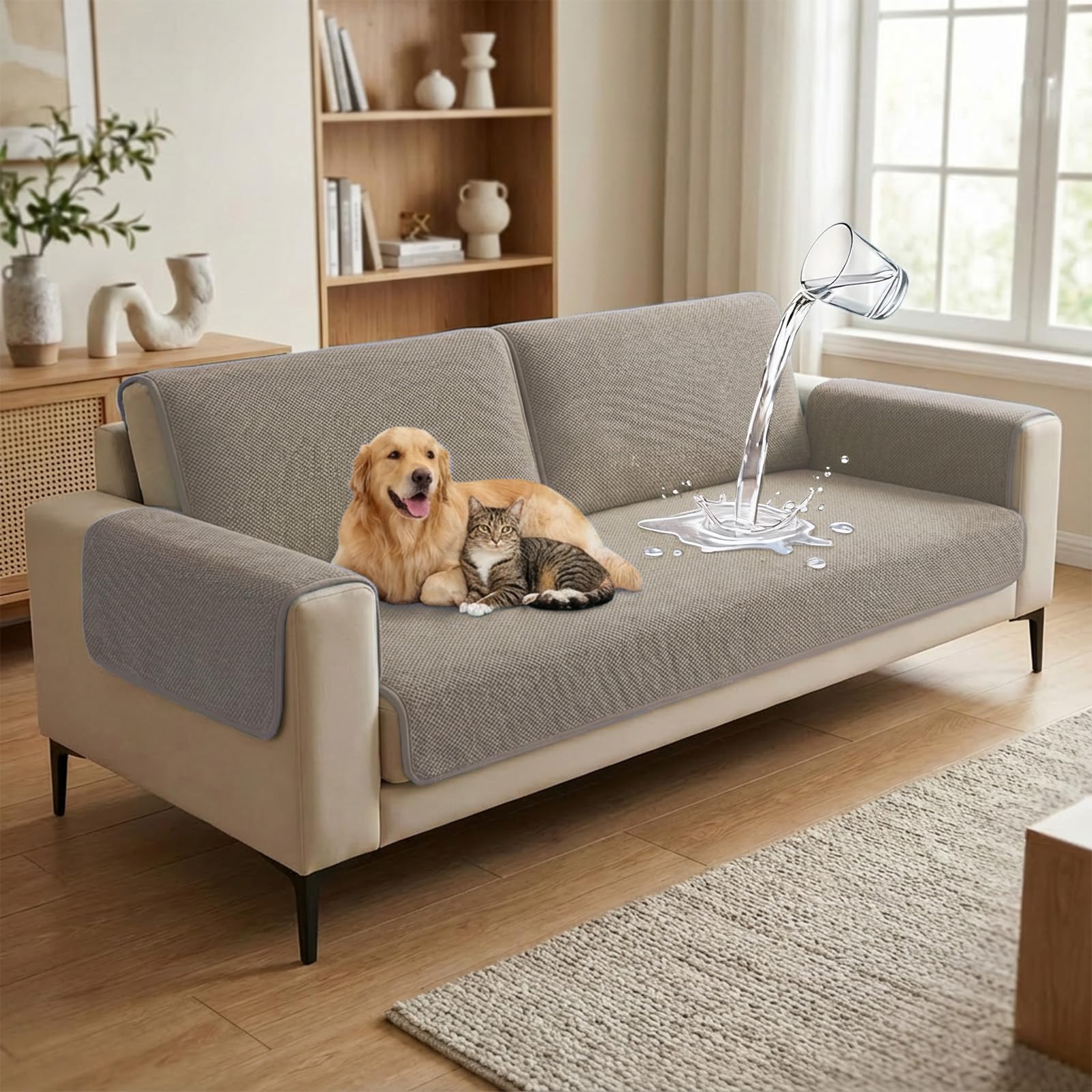 BellaHills Protector Sofá Grande,Funda Impermeable Antideslizante, Manta Cubre Sofá para Chaise Longue en L,90x210 cm,Caqui