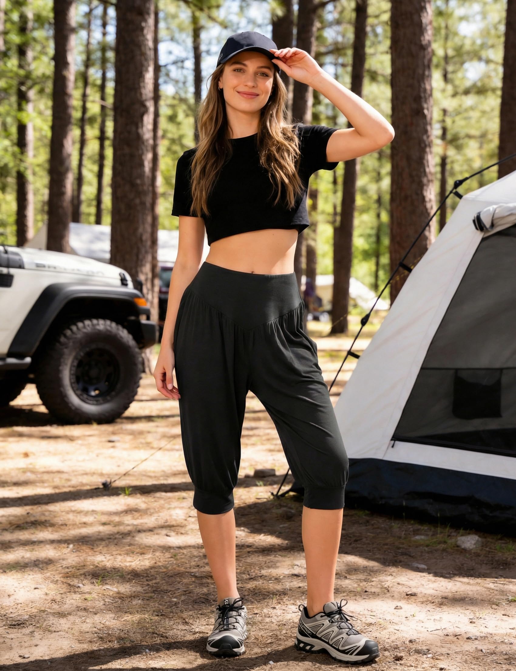 Terecey Pantalon Sarouel Femme Taille Haute Coupe Ample Pantalons 3/4 Été Léger Bouffant Pants pour Pilate Hippie Yoga Fitness Danse