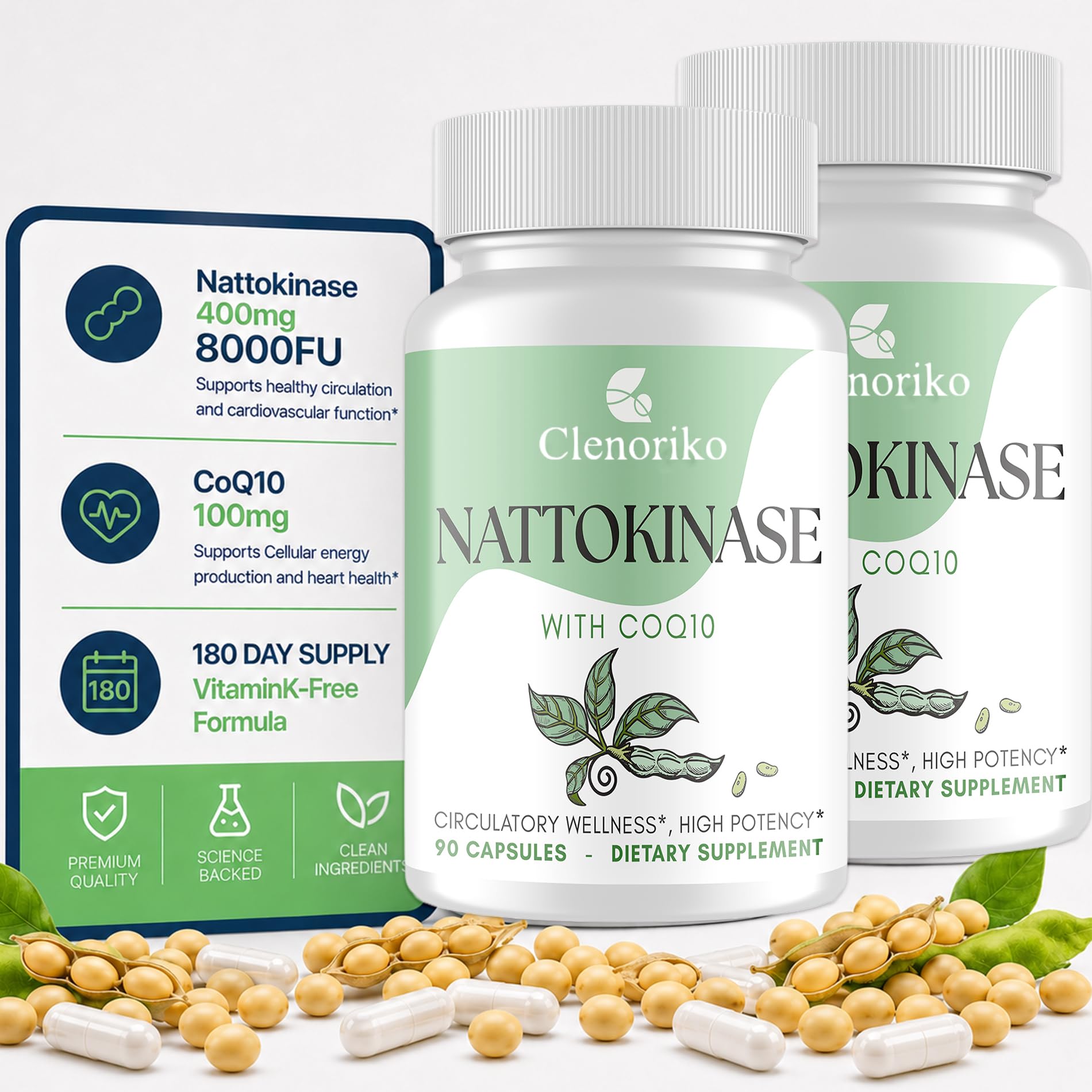 Clenoriko Suplemento de Multi-enzimas com Nattokinase 400 mg, 8000 FU e CoQ10 100 mg, 180 cápsulas
