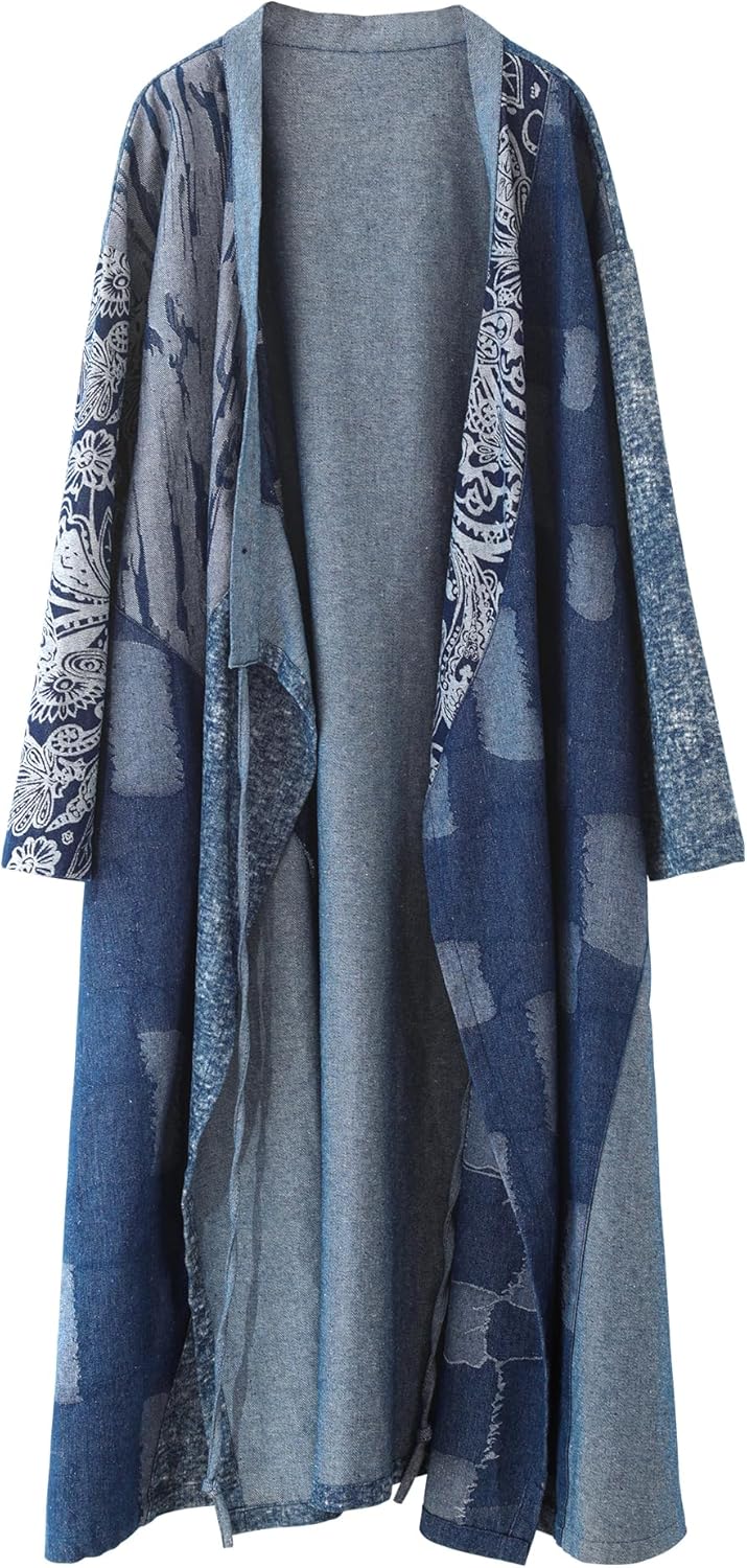 Women's Vintage V-Neck Tie-Belt Long Denim Jacket Coat Streetwear Trench Coat with Graffiti Patchwork Design - Image 8