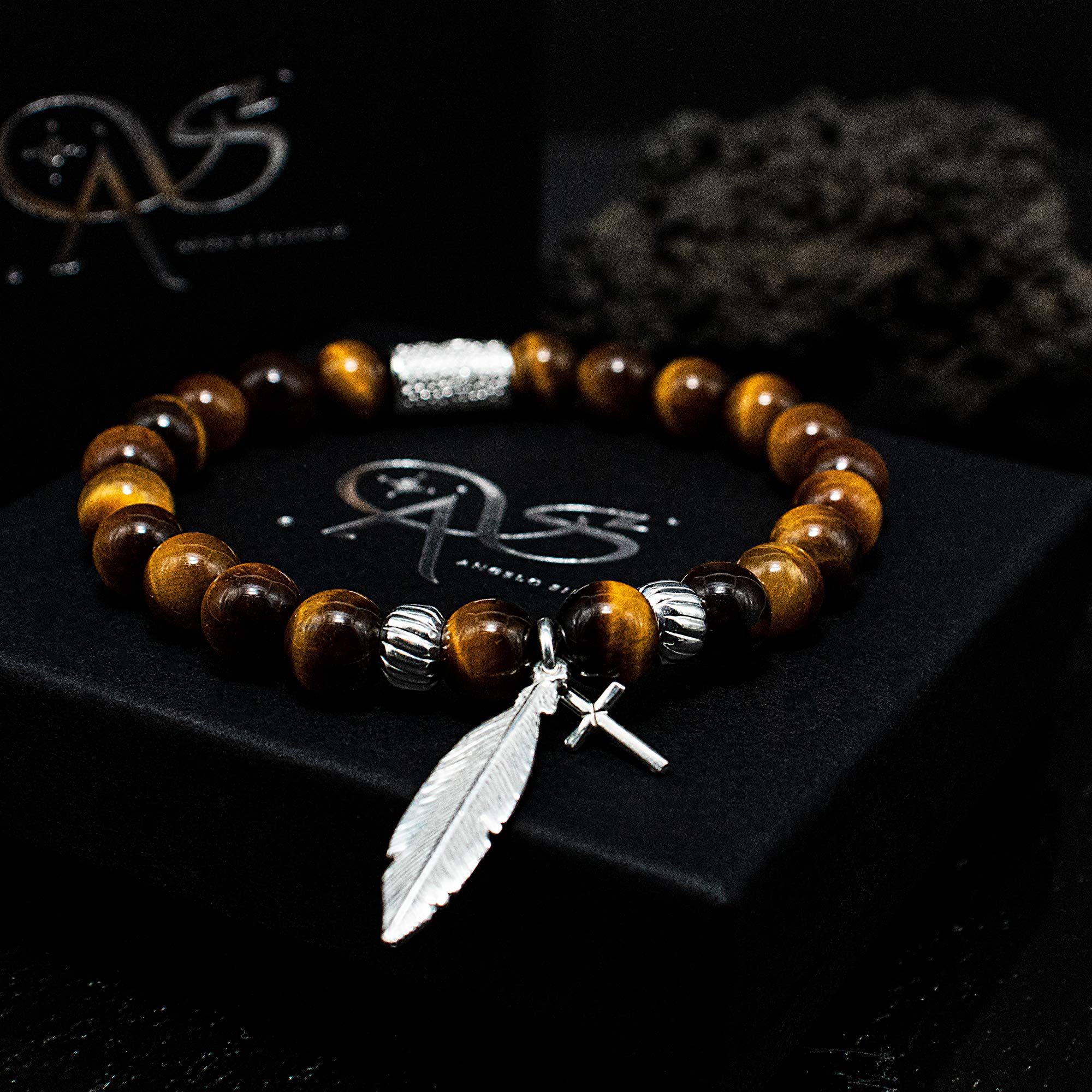 Bracciale in argento sterling 925 con occhio di tigre Bracciale con perle Classe A+ Ciondolo con croce di piume 8 mm (Piuma e croce)