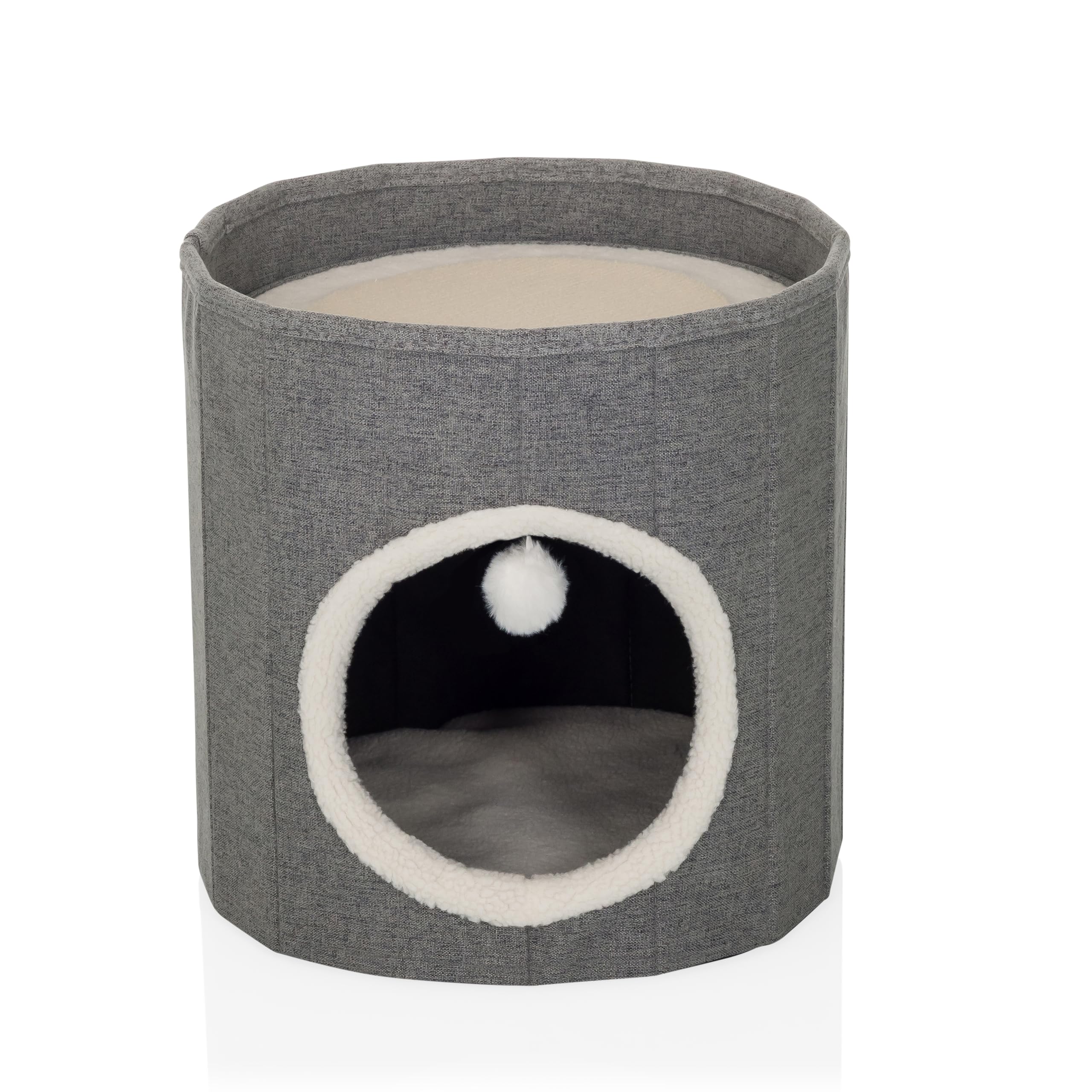 Grotta per gatti con palla da gioco, 38 x 38 cm, PAWY R, pieghevole, con tavola tiragraffi e cuscino Teddy, colore: grigio
