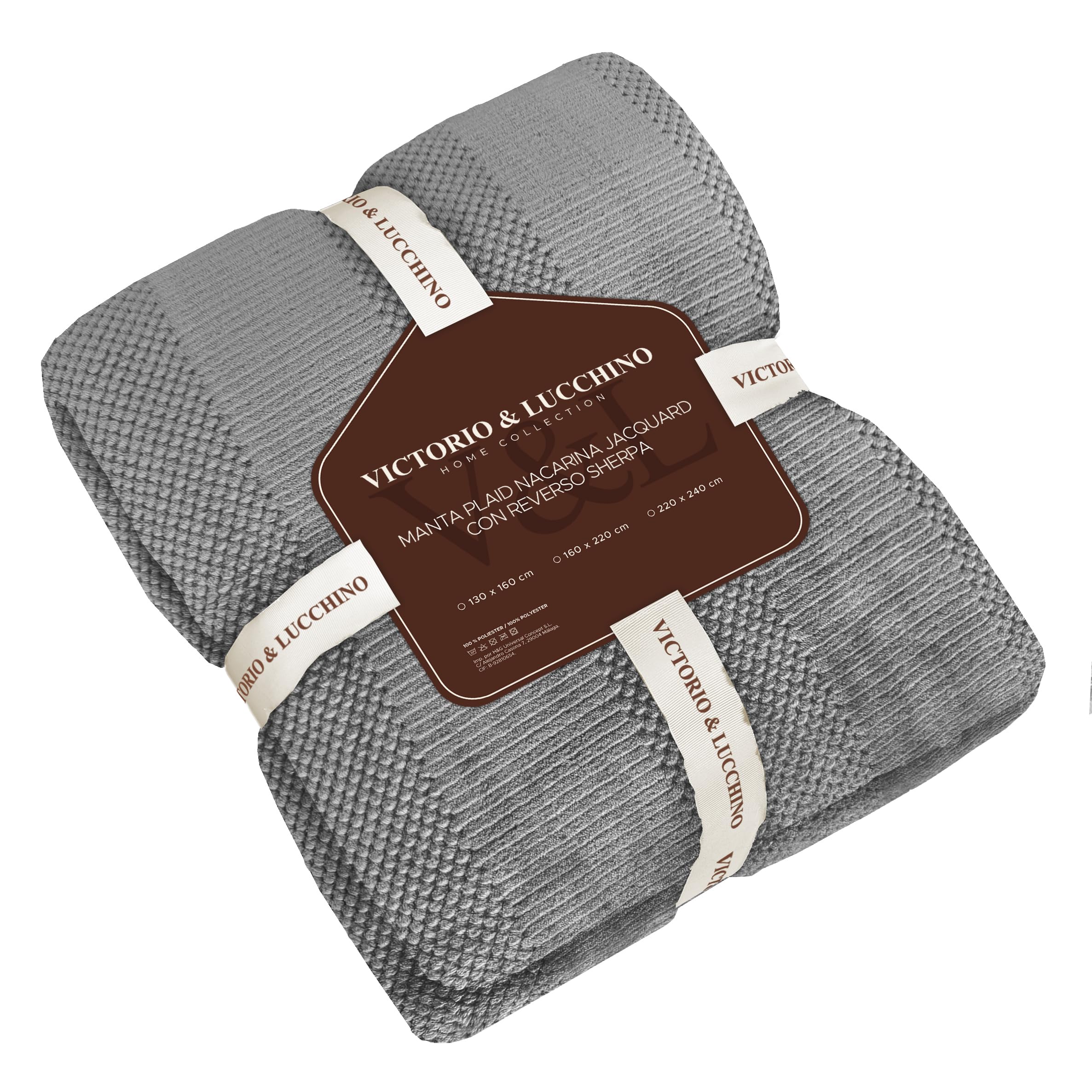 Victorio & Lucchino Manta Plaid Nacarina Jacquard con Reverso Sherpa - Manta Suave para el Sofa o para Cama (VL-80520) (Gris, 130 X 160 Cm)