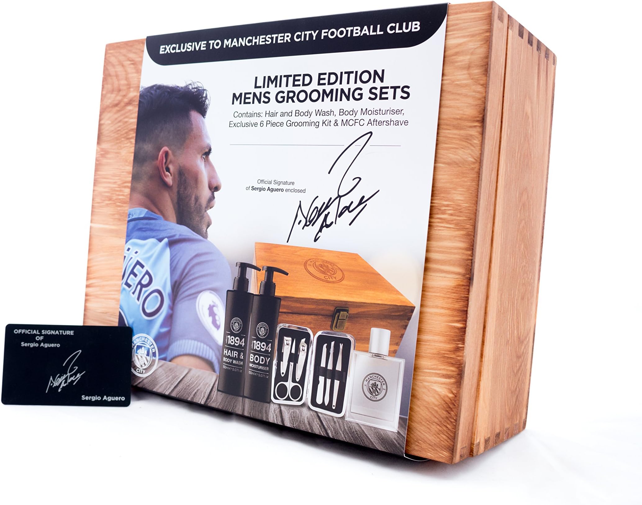 Official Manchester City Football Gift Set – Great Football Gift for Dads and Kids – Embossed Logo on Wooden Box with Sergio Aguero Signature Card – New 2017 Gift Set - Official Merchandise.