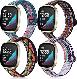 4 Pack Stretchy Bands Compatible with Fitbit Versa 3/Fitbit Versa 4/Fitbit Sense 2/Fitbit Sense Bands Women Men, Adjustable Elastic Soft Loop Nylon Breathable Replacement Straps for Fitbit Sense & Versa 3 Smartwatch Wristband