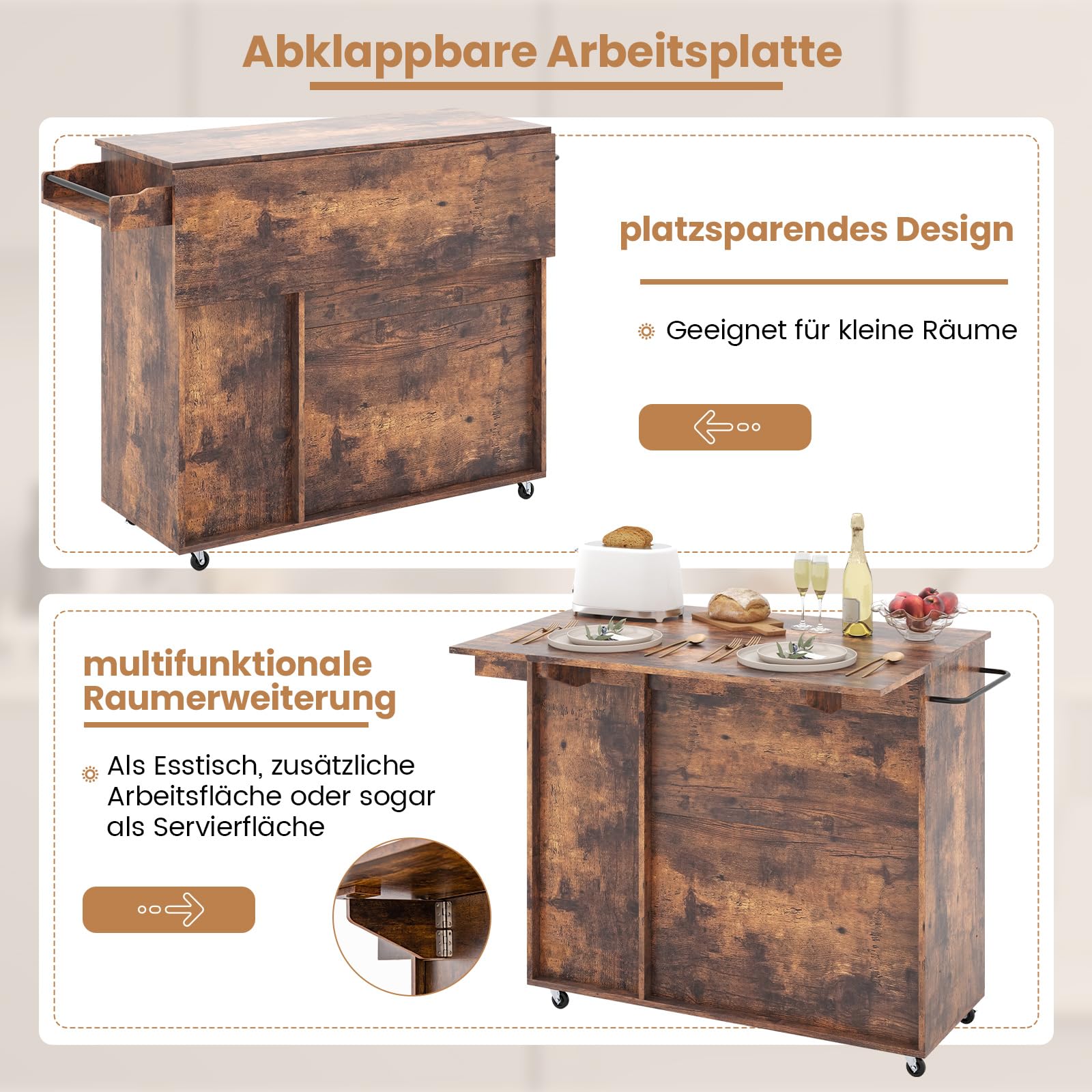 COSTWAY keukentrolley, serveerwagen met houten blad, keukeneiland
