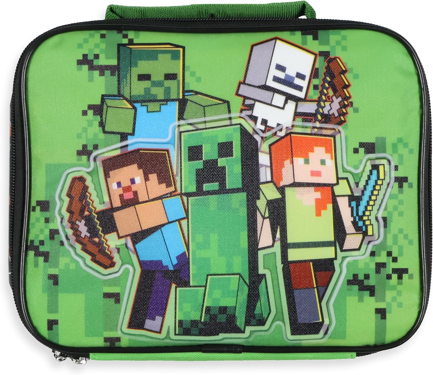 AI ACCESSORY INNOVATIONS Minecraft Lunch Box Creeper Zombie Skeleton Steve Alex Textured Insulated Snack Tote Bag 10"