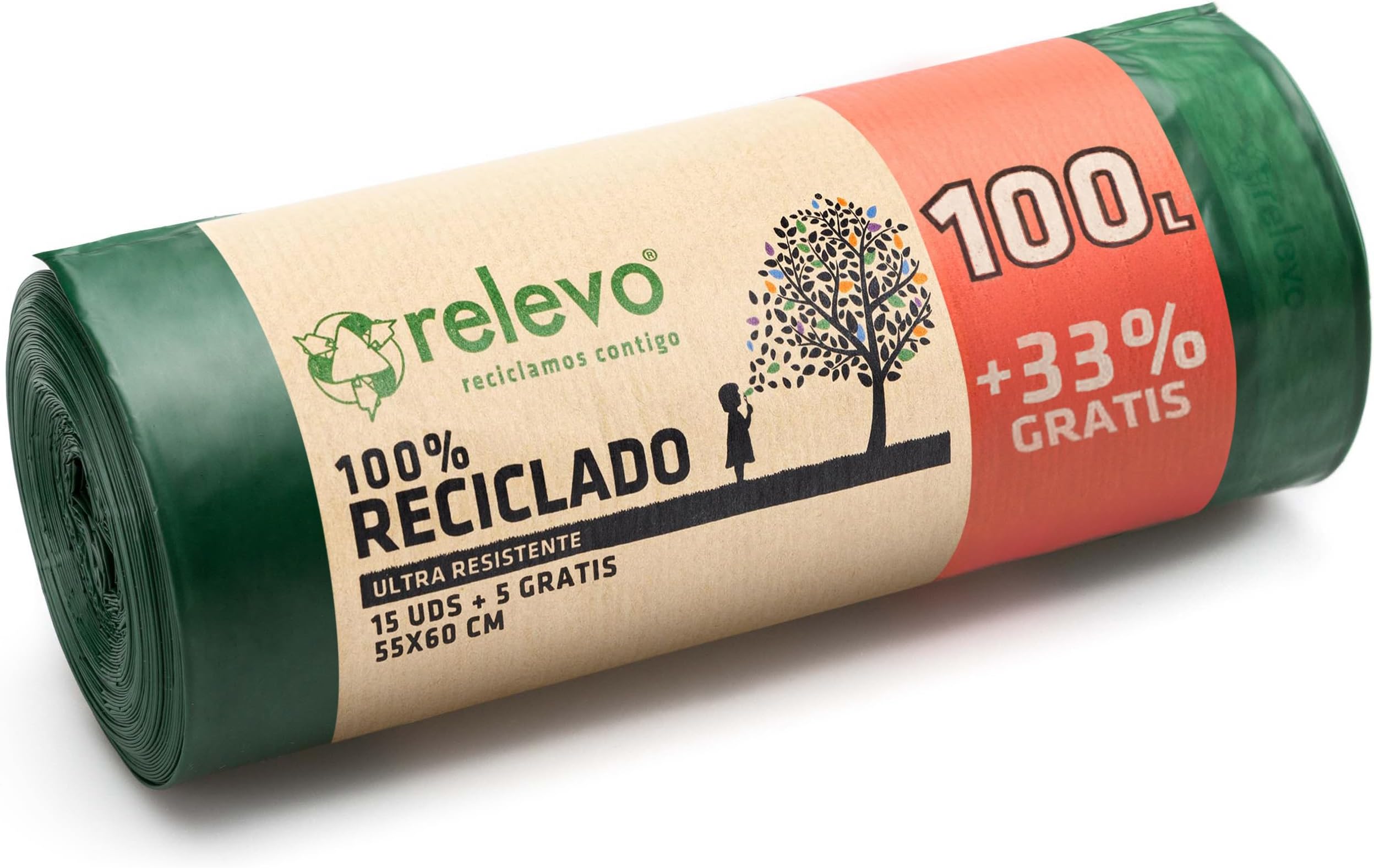 Relevo Large Bin Bags 100L – Made from 100% Recycled Material. Dimensions: 85 cm x 105 cm. Includes 13 Bin Liners 100L