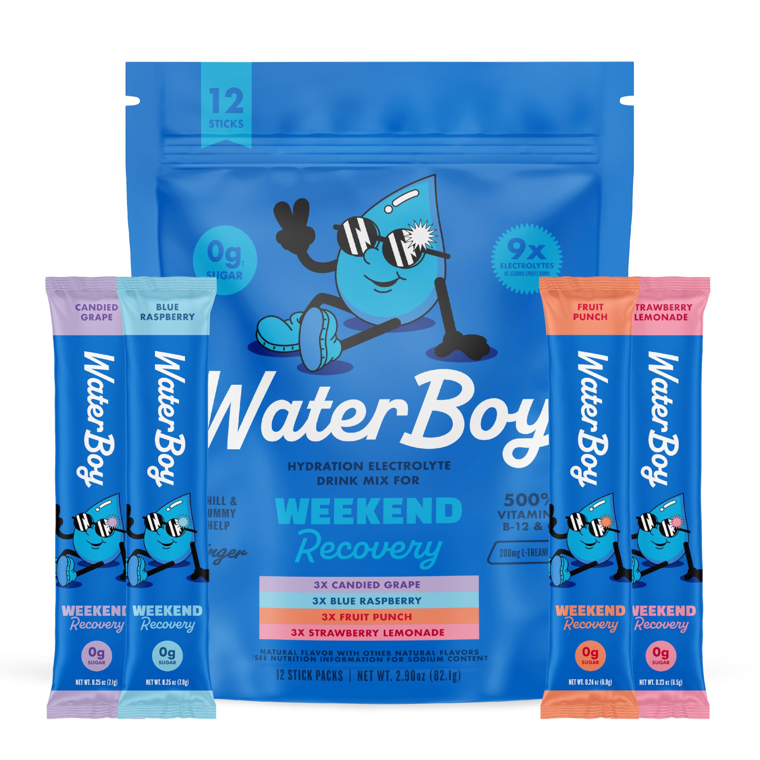 Waterboy - Weekend Recovery, Variety Pack, Sugar Free Electrolytes Powder Drink Mix - 12ct Hydration Packets