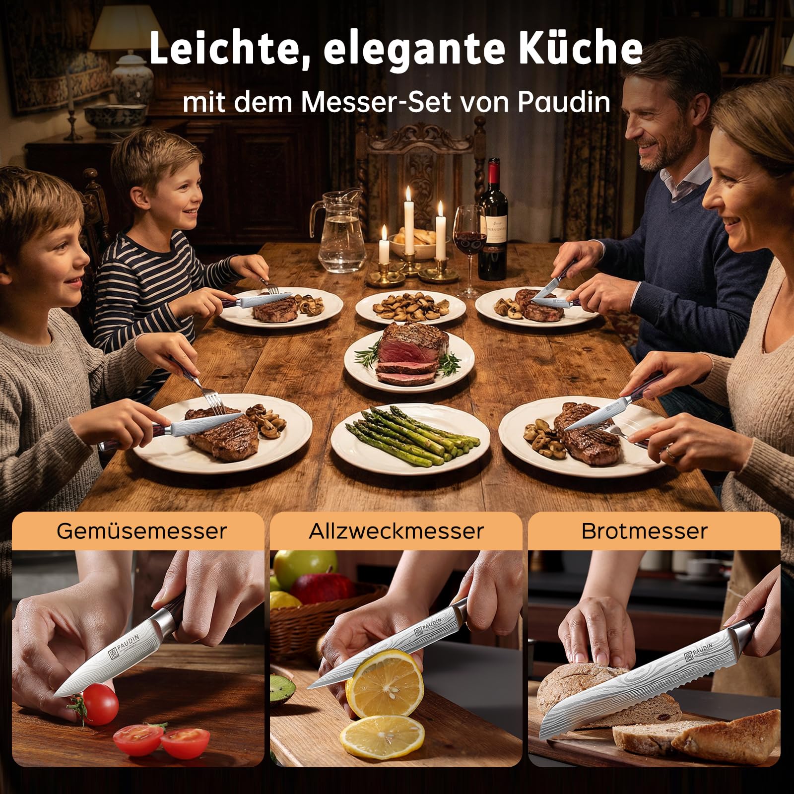 Paudin Messerblock Set mit 9-TLG, Scharfes Hochwertiges Küchenmesser Set aus Edelstahl, Messerblock mit Messer & Ergonomischem Holzgriff, Messerset mit Block für Koch/Haushalt, FDA