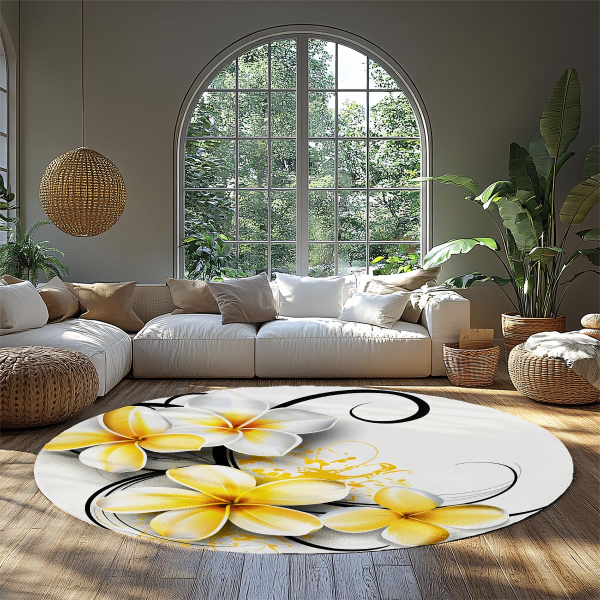 Tapis tropical rond 135cm fleurs d'orchidée blanches et jaunes pour salon