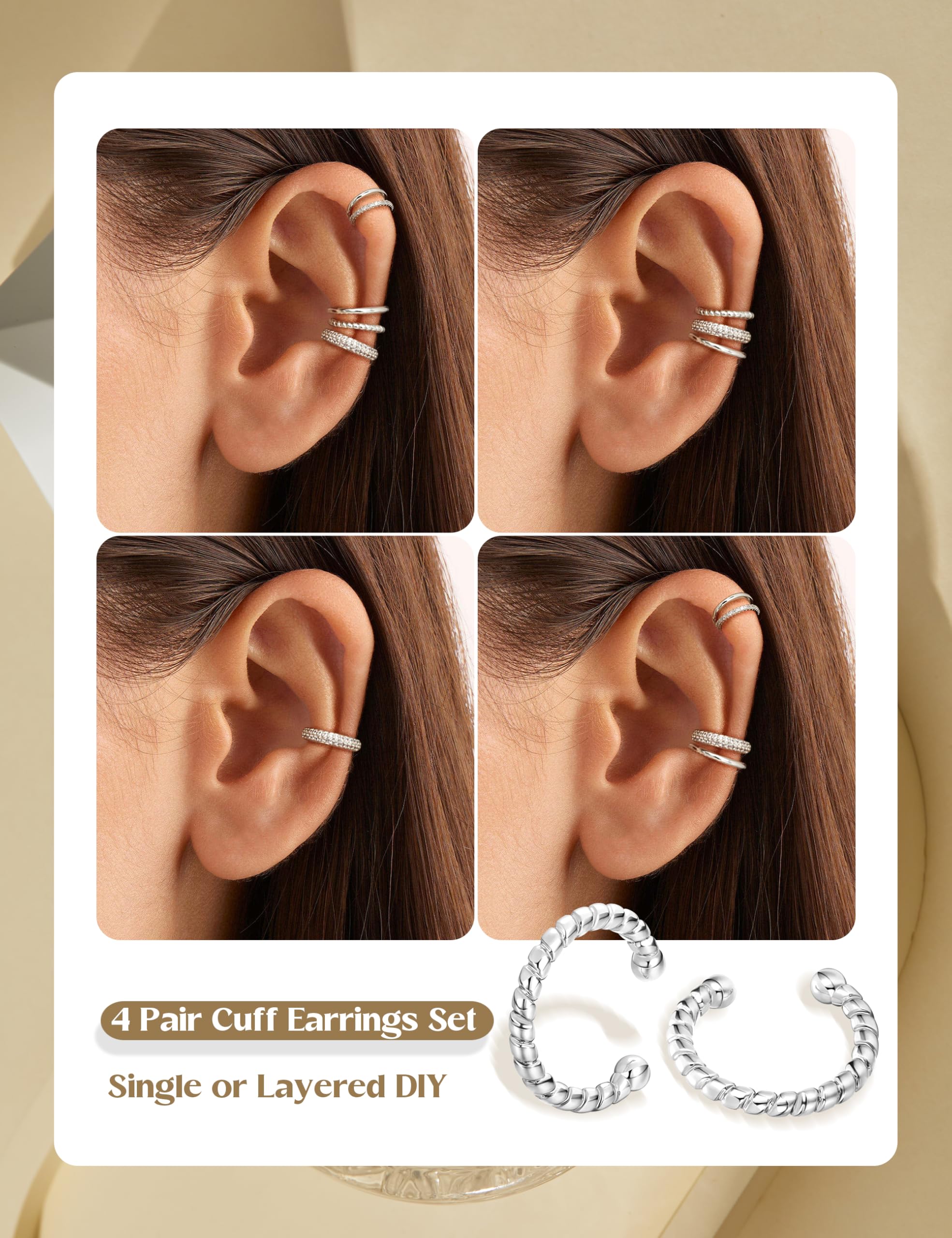 ADRAMATA 4 Paia Ear Cuff Orecchini Senza Buco Donna - Regolabili Clip in Oro 14K/Argento, Orecchini Finti Ipoallergenici per Cartilagine, Non Piercing Earcuffs con Custodia Regalo