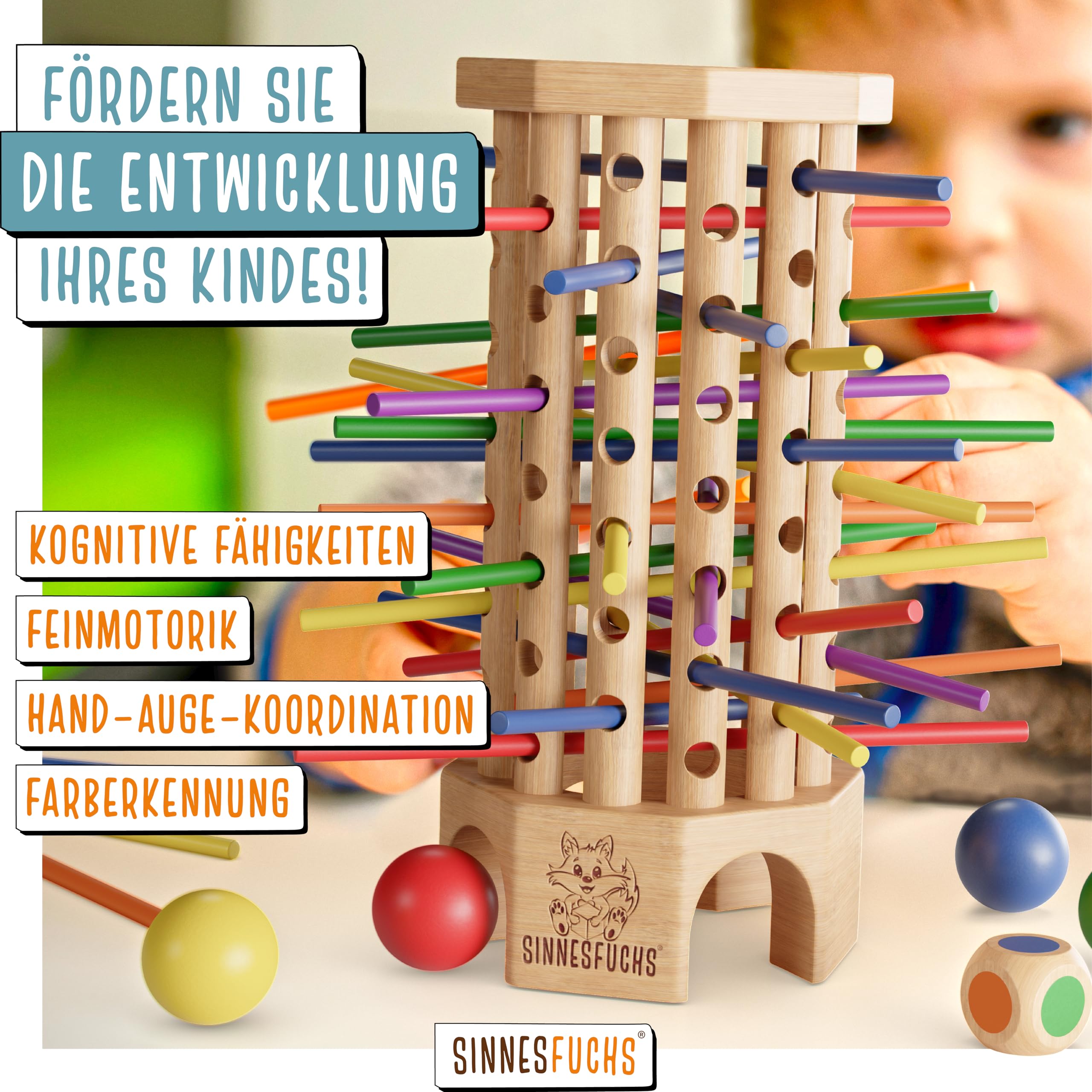 Farblernturm - FSC® 100% - Montessori Spielzeug ab 3 Jahre - Holzspielzeug pädagogisch wertvoll - Lernspiele ab 3 Jahre - Kinder Farben Stäbchen Holz Spiel - Kinderspiele ab 4 Jahre