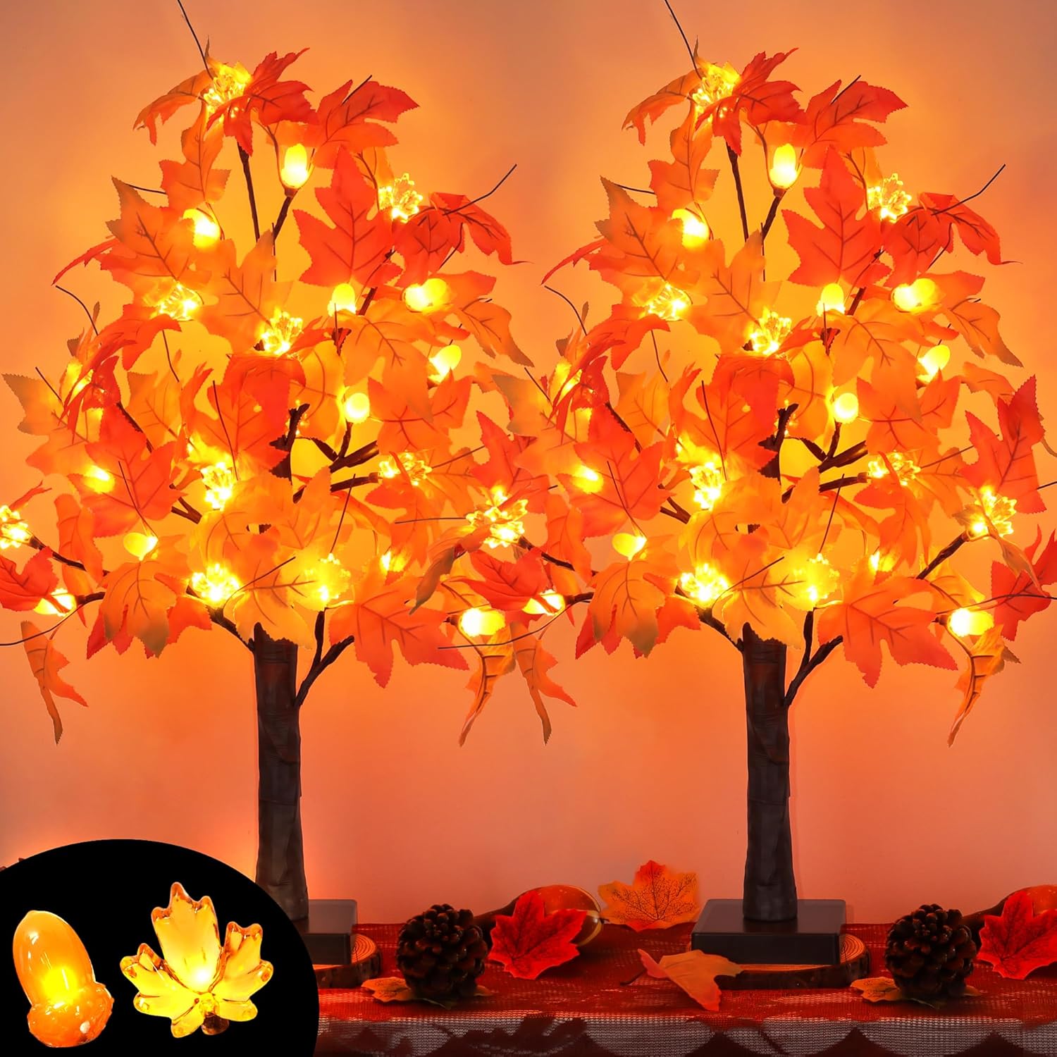 2 Pack 24 Inch Artificial Lighted Maple Tree with 48 LEDs Timer Fall Thanksgiving Decorations Battery Operated Prelit Maple Tree Table Lights for Thanksgiving Decor Home Indoor Autumn Harvest Style 3