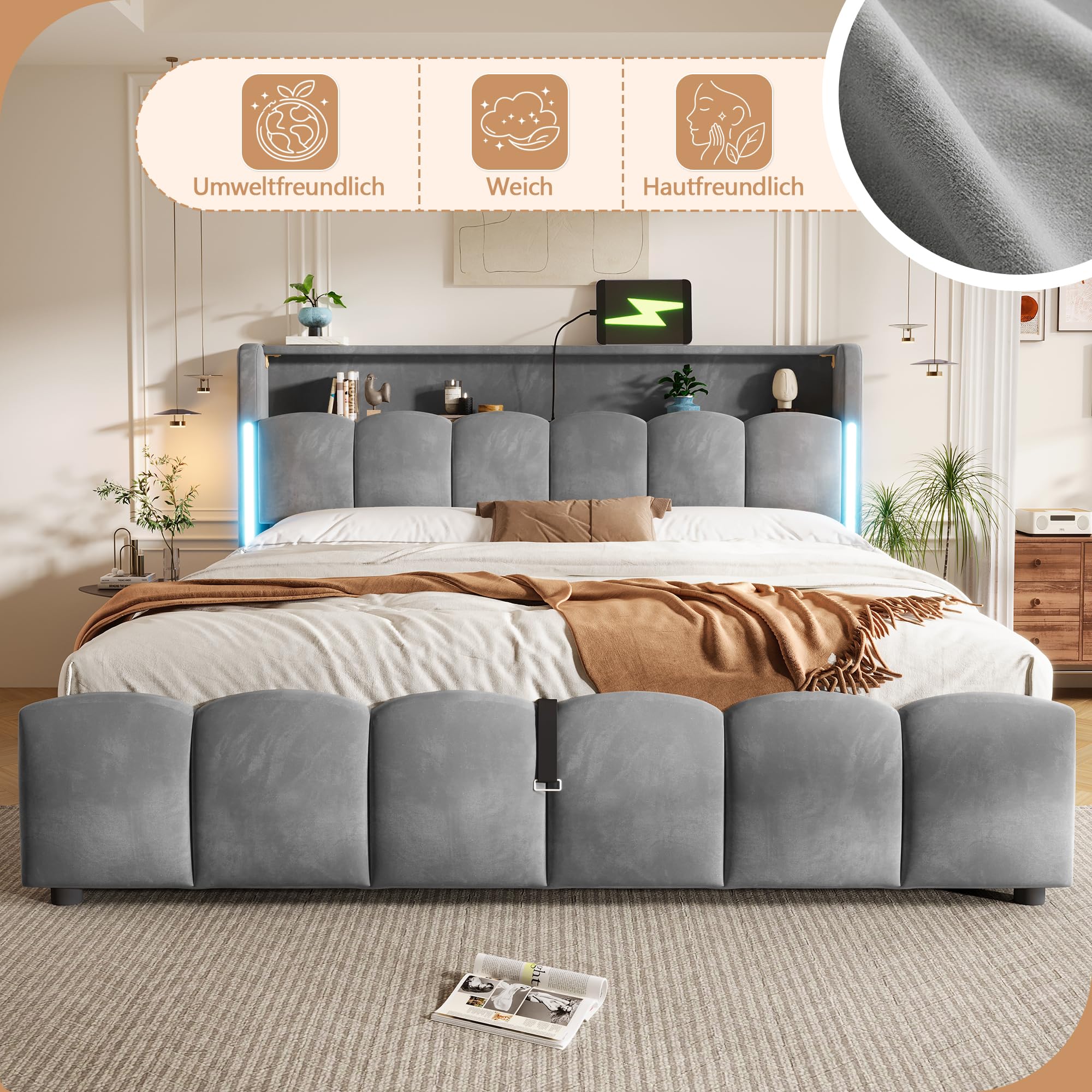 Doppelbett 180x200 mit Hydraulisch Stauraum, LED-Beleuchtung, Samt | Polsterbett, Samt Bettgestell mit USB- und Typ-C-Anschlüssen, Kopfteil mit Staufach, Bettrahmen mit Lattenrost(Ohne Matratze)