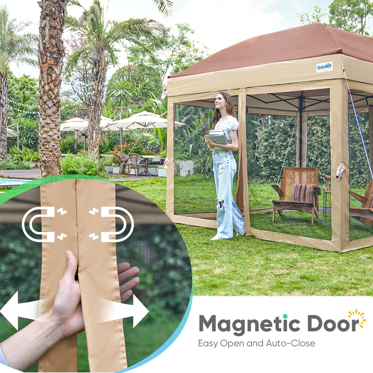 Quictent 6.6’x6.6’ Pop up Canopy Tent with Netting, Instant Setup Screen House Room Tent Screened- 2 Magnetic Doors, Waterproof (Khaki)