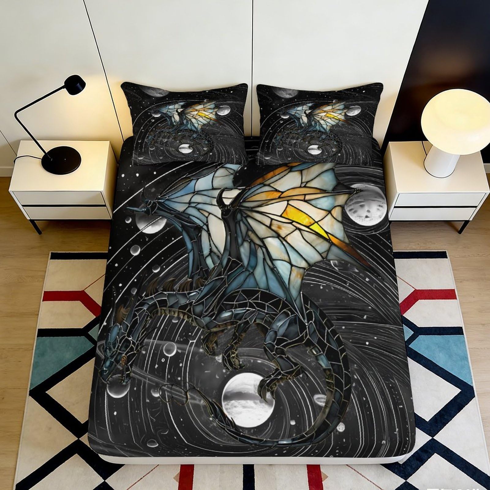 3D Printed Stained Glass Dragon Fitted Sheet Microfiber Soft Breathable Cosmic Space Mattress Cover for Bedroom Dorm Decor 200x200x25cm