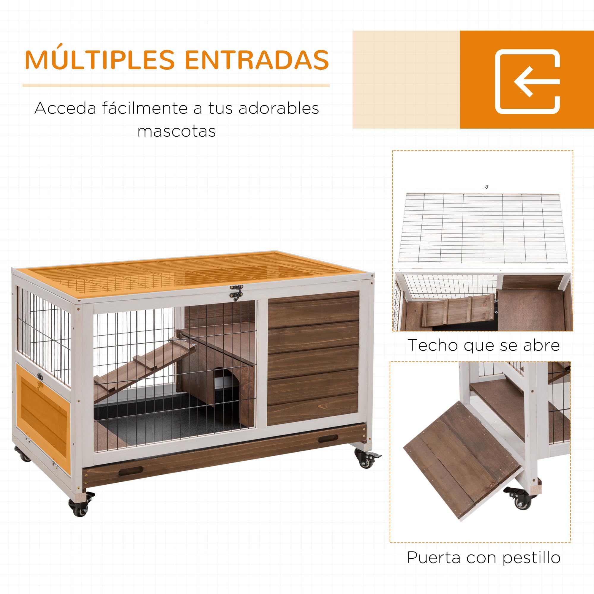 PawHut Jaula para Conejos de Madera Conejera para Mascotas Pequeñas Portátil Interior con Techo Abrible Rampa Bandeja Extraíble para Conejillos de Indias 90x53x59 cm Marrón
