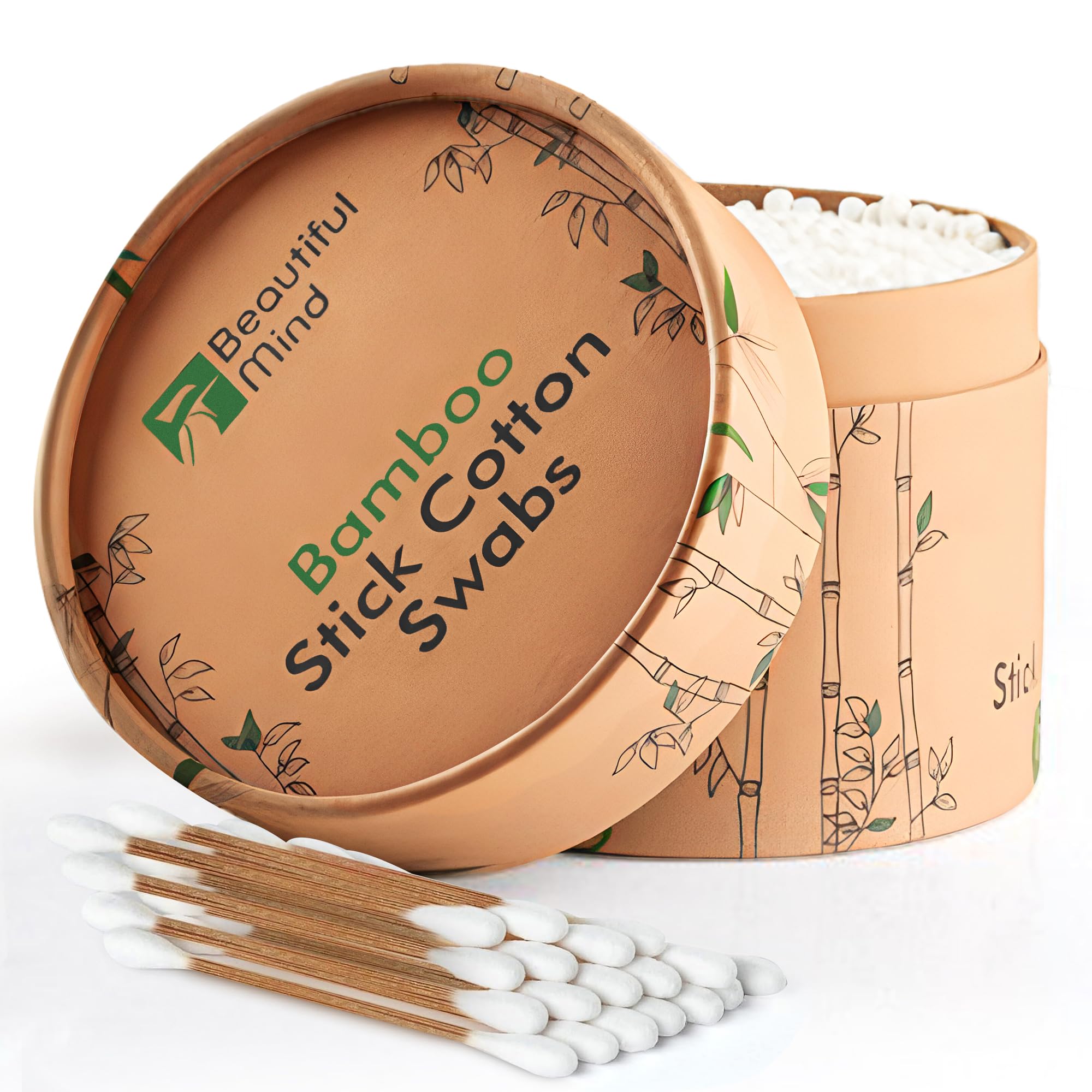 Beautiful Mind Bamboo Eco-Friendly Cotton Swabs - Kraft Paper Canister of 500 Bamboo Swabs - Multipurpose Makeup Bamboo Cotton Buds - Double Tipped - Biodegradable - Absorbent