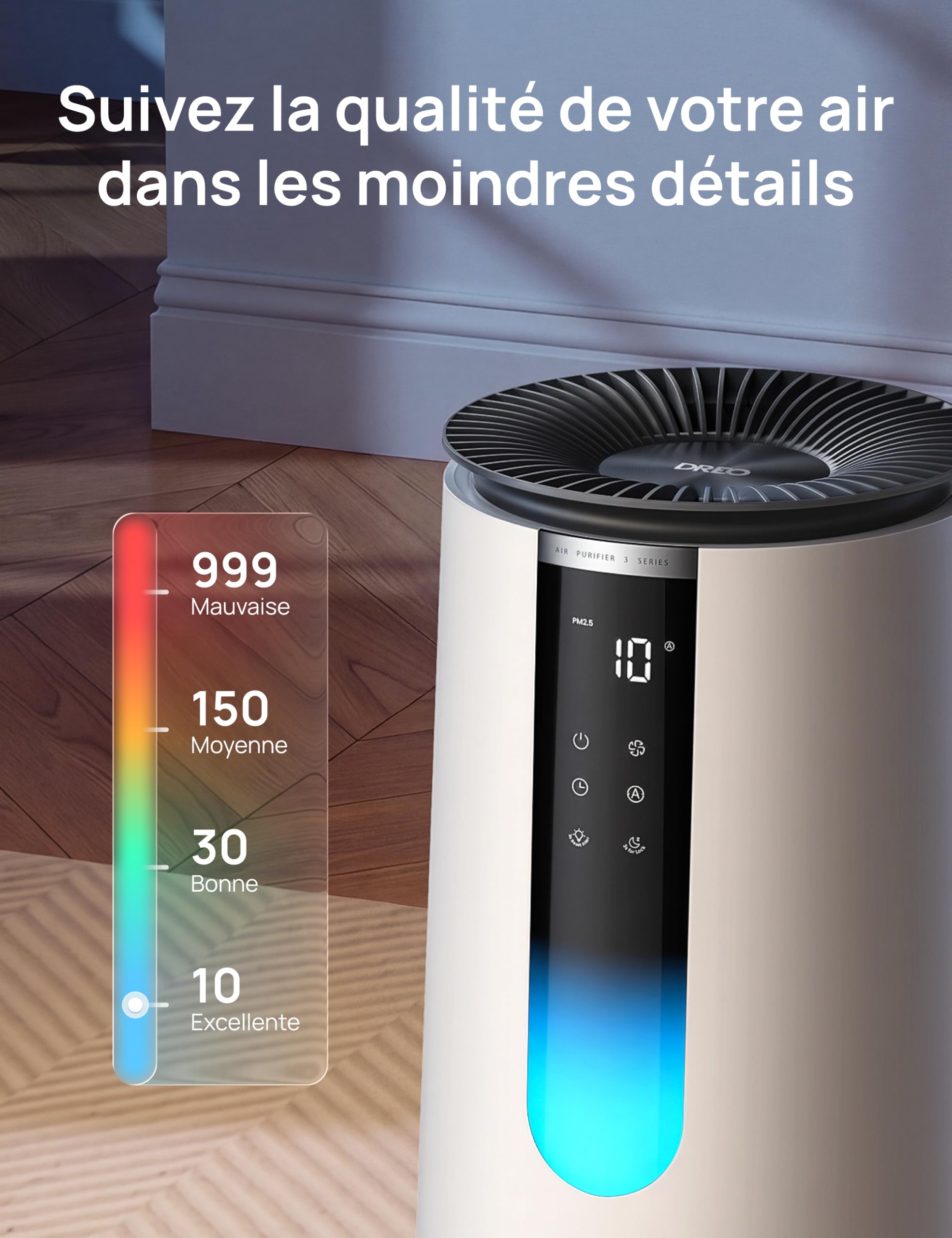 DREO Purificateur d'air 338S pour chambre, CADR 196 m³/h, Filtre HEPA 3-en-1, 4 modes, 4 vitesses, 18 dB, Affichage AQI, Capteur PM2.5, Mode auto, Aromathérapie, Wi-Fi, Compatible Alexa