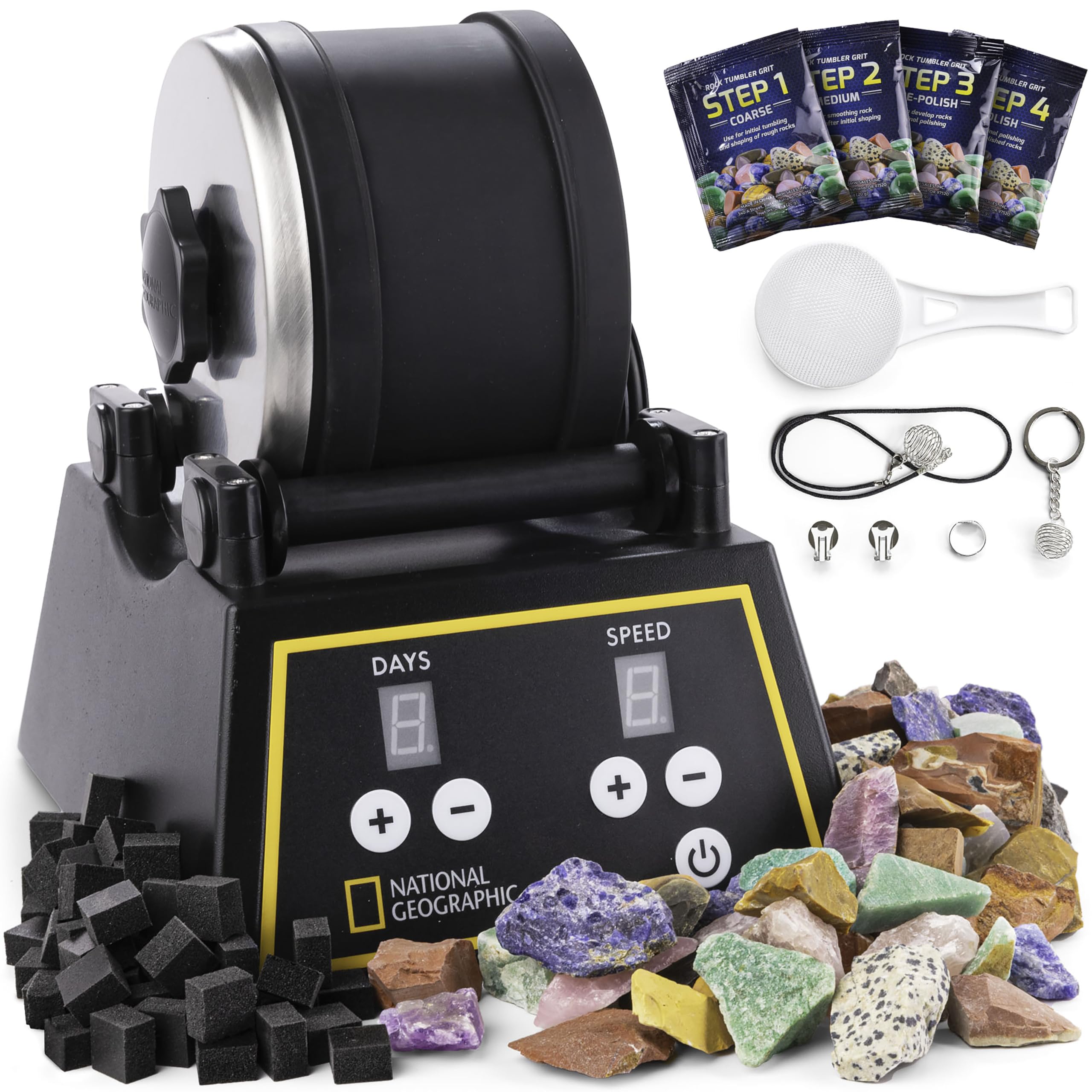 National Geographic – Tonneau de Polissage de Pierres Professionnel – Kit Complet avec Tonneau de 907 g, Pierres, Poudres Abrasives et Mousse GemFoam, Kit Scientifique Éducatif STEM