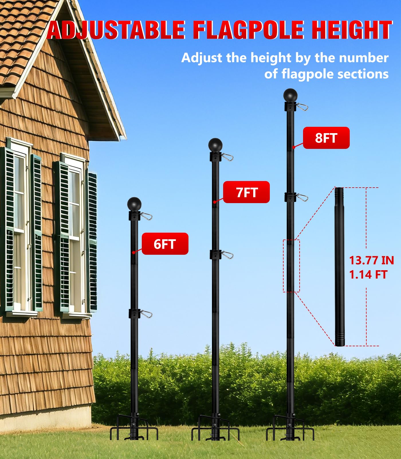 Mástil de bandera enterrado de acero inoxidable 304 con base de 7 puntas, poste de bandera enterrado extra grueso resistente, mástil de bandera de 1 pulgada para casa exterior, patio, jardín