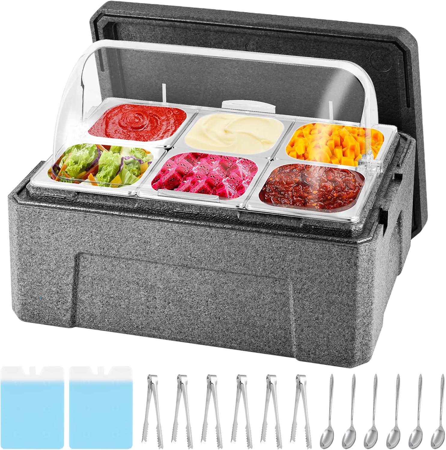 Insulated Cold Food Buffet Ice Serving Tray with Lid Insulation Box 6 Pans 2 Ice Packs Cooled Condiment Serving Container Ice Platter Food Cooler For Parties Buffets Fruit