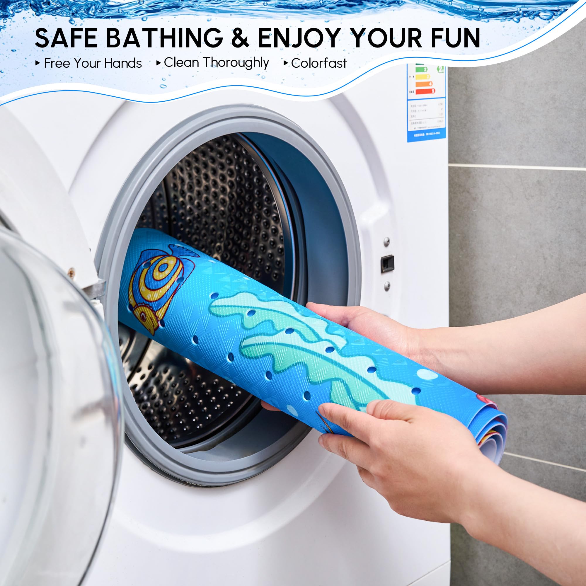 Alfombrilla de baño para bebé antideslizante para niños, 40 x 16 pulgadas, extra larga, con agujeros de drenaje y ventosas, alfombrilla de ducha antideslizante, lavable a máquina, delfín