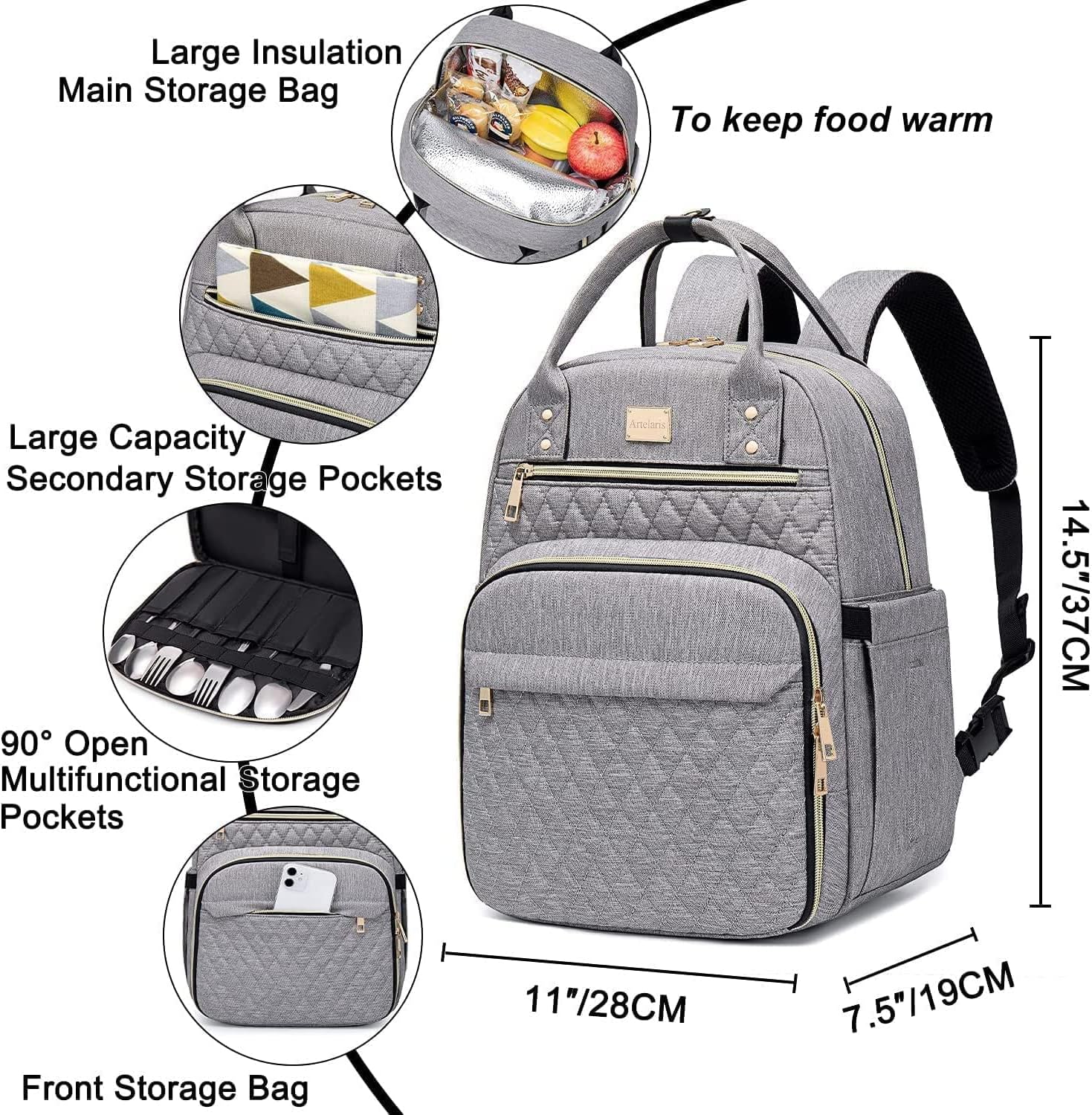 Artelaris Stylish Insulated Lunch Backpack for Women , Waterproof Travel Cooler Bag for Teacher Nurse Work School Picnic Book - Image 3