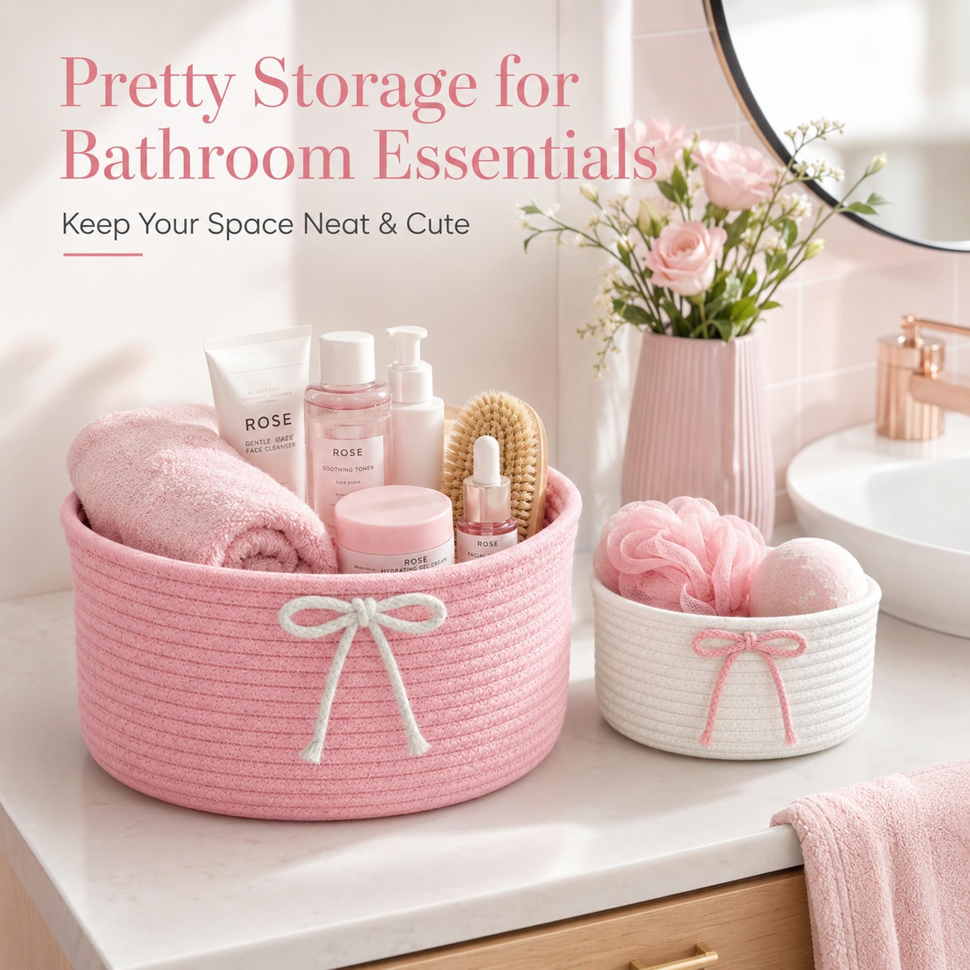 Set di 3 cestini intrecciati con manico, rosa, 3 misure, per decorazioni, organizzazione, bagno, camera dei bambini, soggiorno