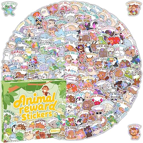 Miniatura 1 de 200 calcomanías holográficas de recompensa de animales para niños, lindas calcomanías de afirmación inspiradoras con citas motivacionales para