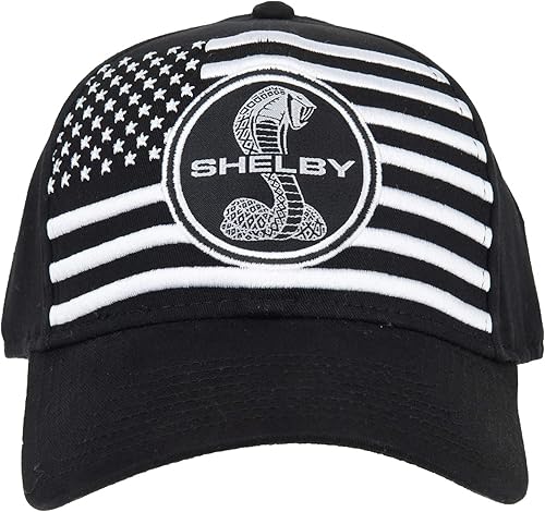 Shelby White American Flag on Black Hat | Producto oficial Shelby® | Ajustable, talla única | Cierre de velcro de dos piezas, Negro -